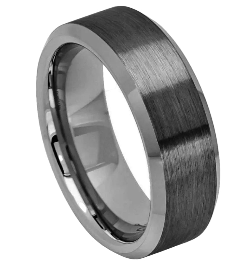 Tungsten Ring Gun Metal IP Plated Brushed Center High Polished Beveled Edge – 8mm