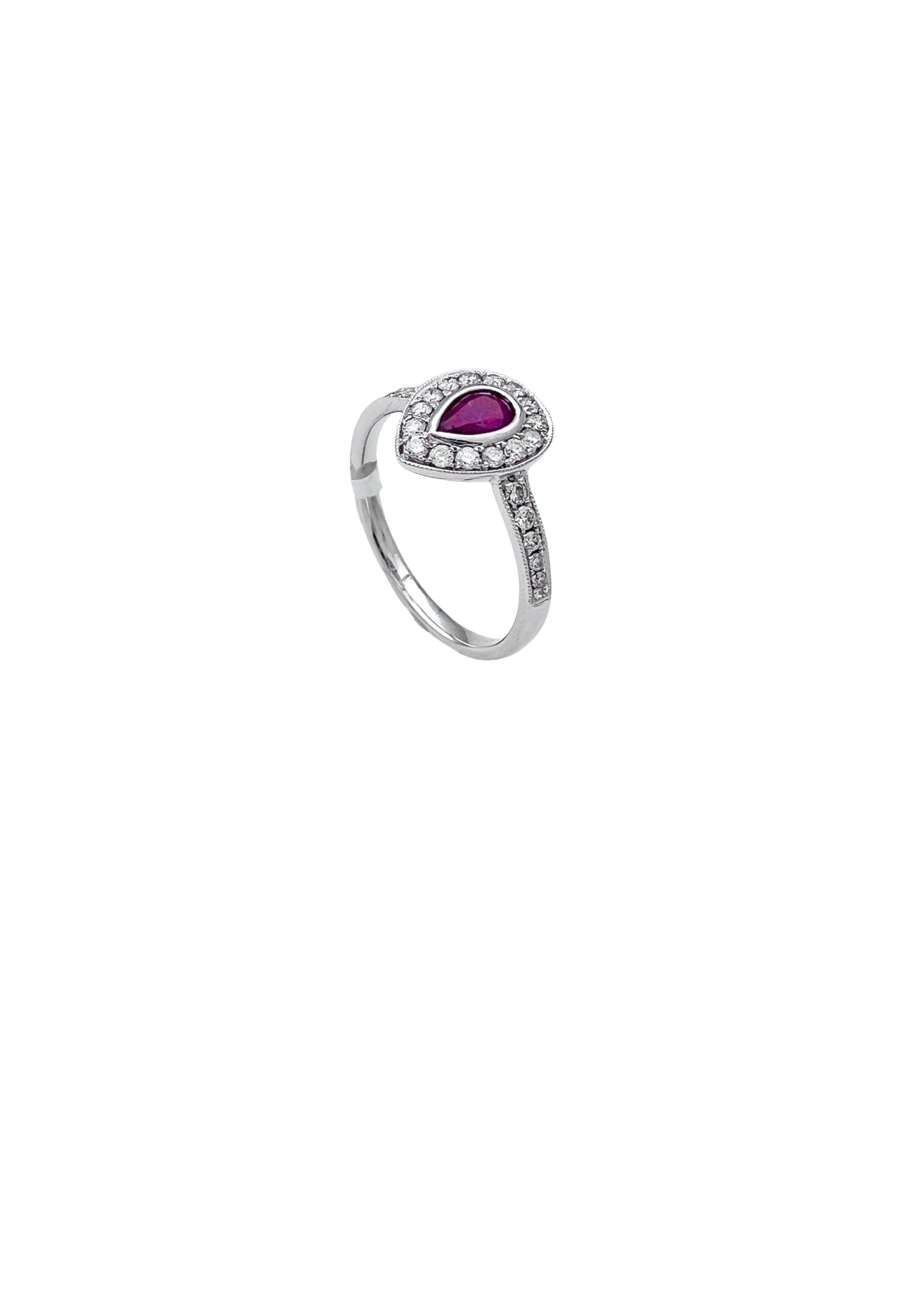 0.26 Carats Diamond VS2 & 0.39 Carats Red Ruby Pear Shape Set In 14 Karat White Gold Ring
