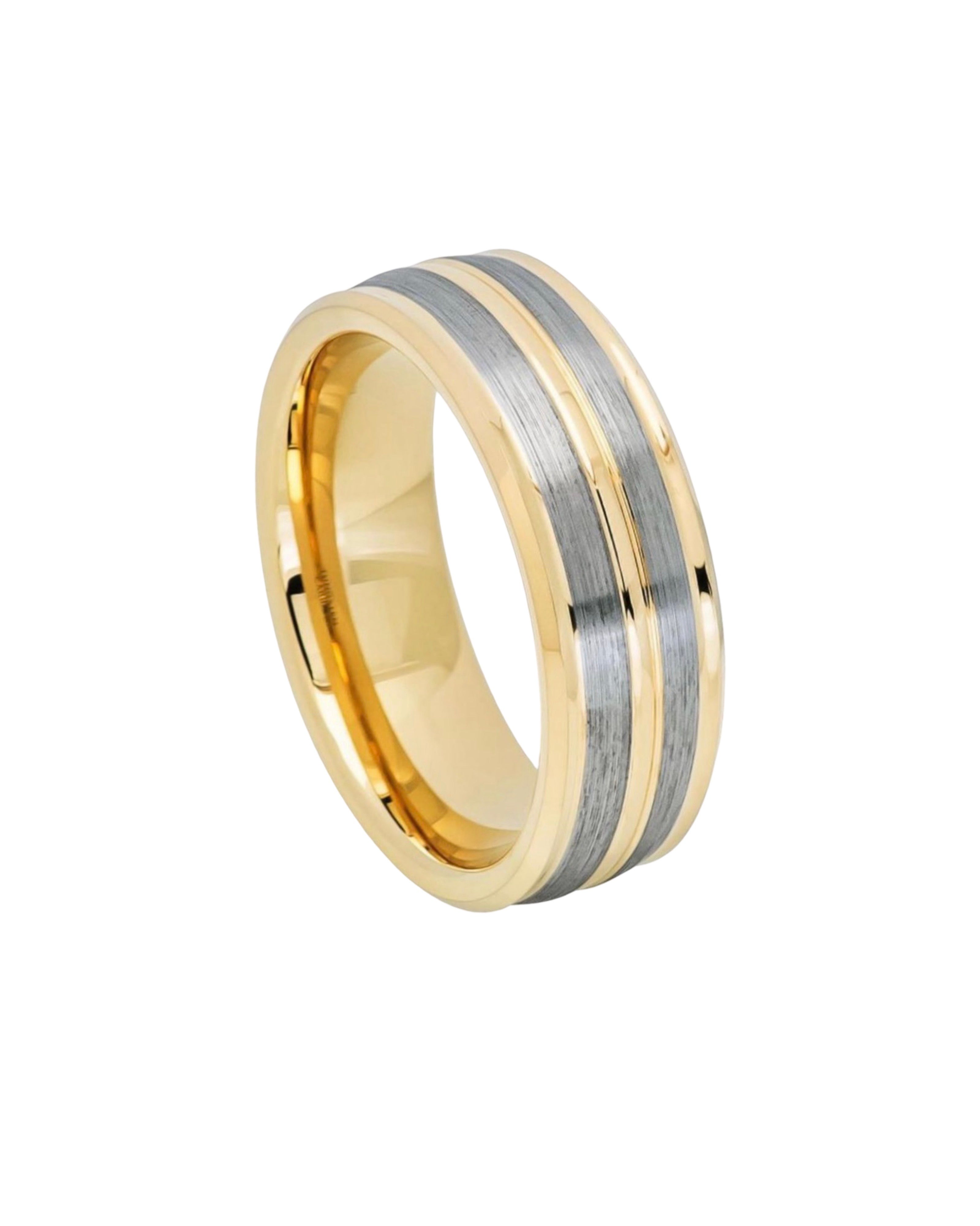 Tungsten Ring Yellow Gold IP Plated Pinstripe Gun Metal Finish Low Beveled Edge – 8mm