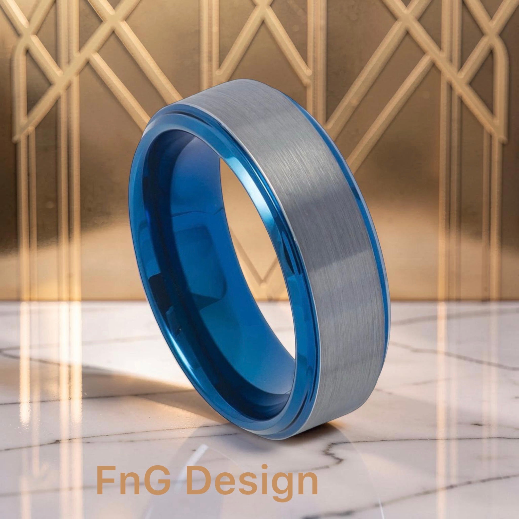 Tungsten Ring Blue IP Plated Beveled Edge Gun Metal Brushed Finish – 8mm