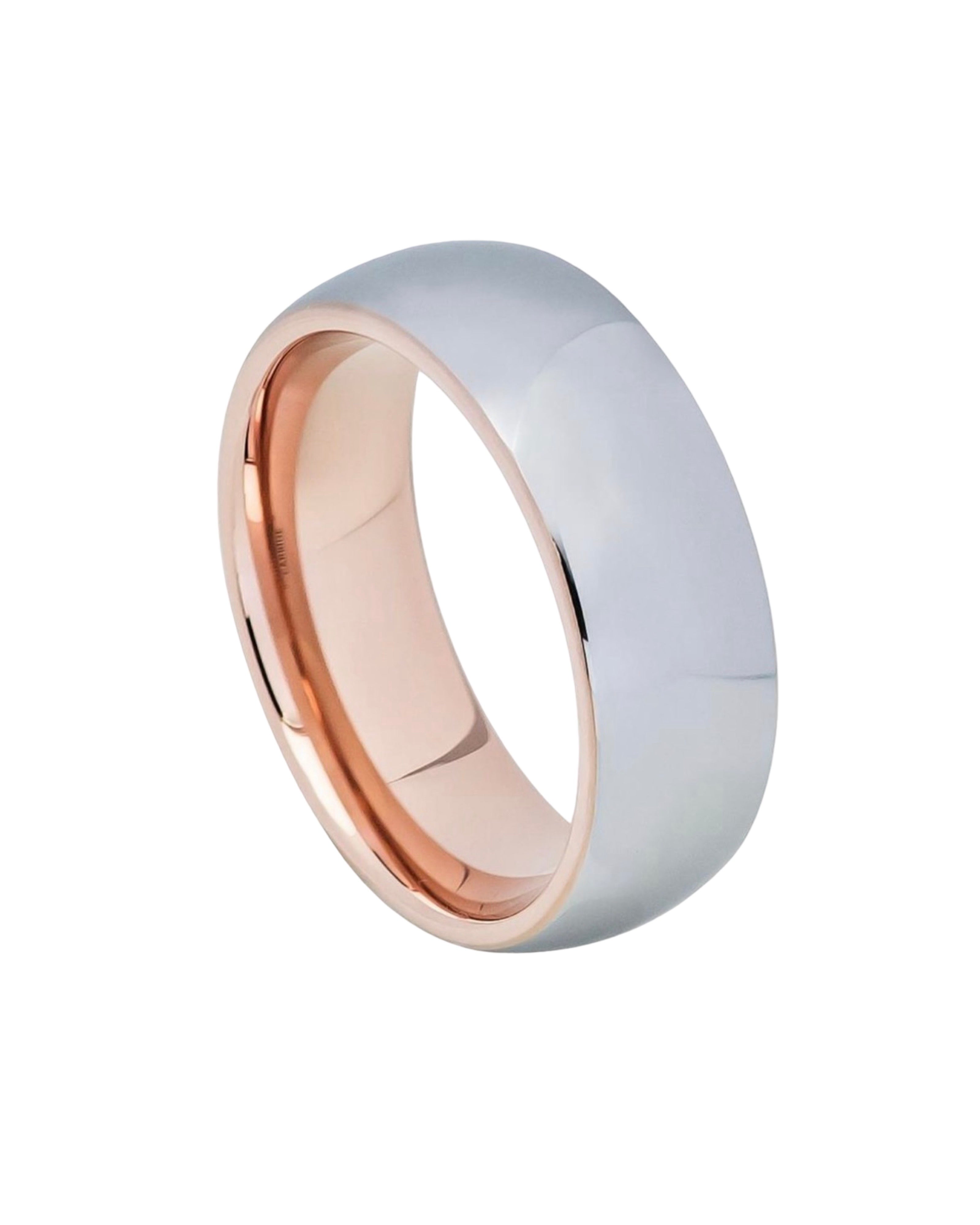 Tungsten Ring Brushed Gun Metal Finish, High Polished Rose Gold Tone IP Plated Beveled Edge Inside – 8mm