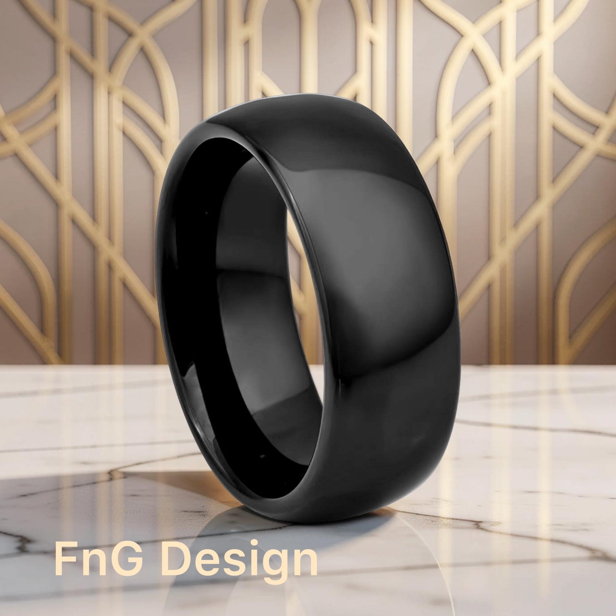 Tungsten Ring High Polished Shiny Black IP Plated Classic Domed Ring – 8mm