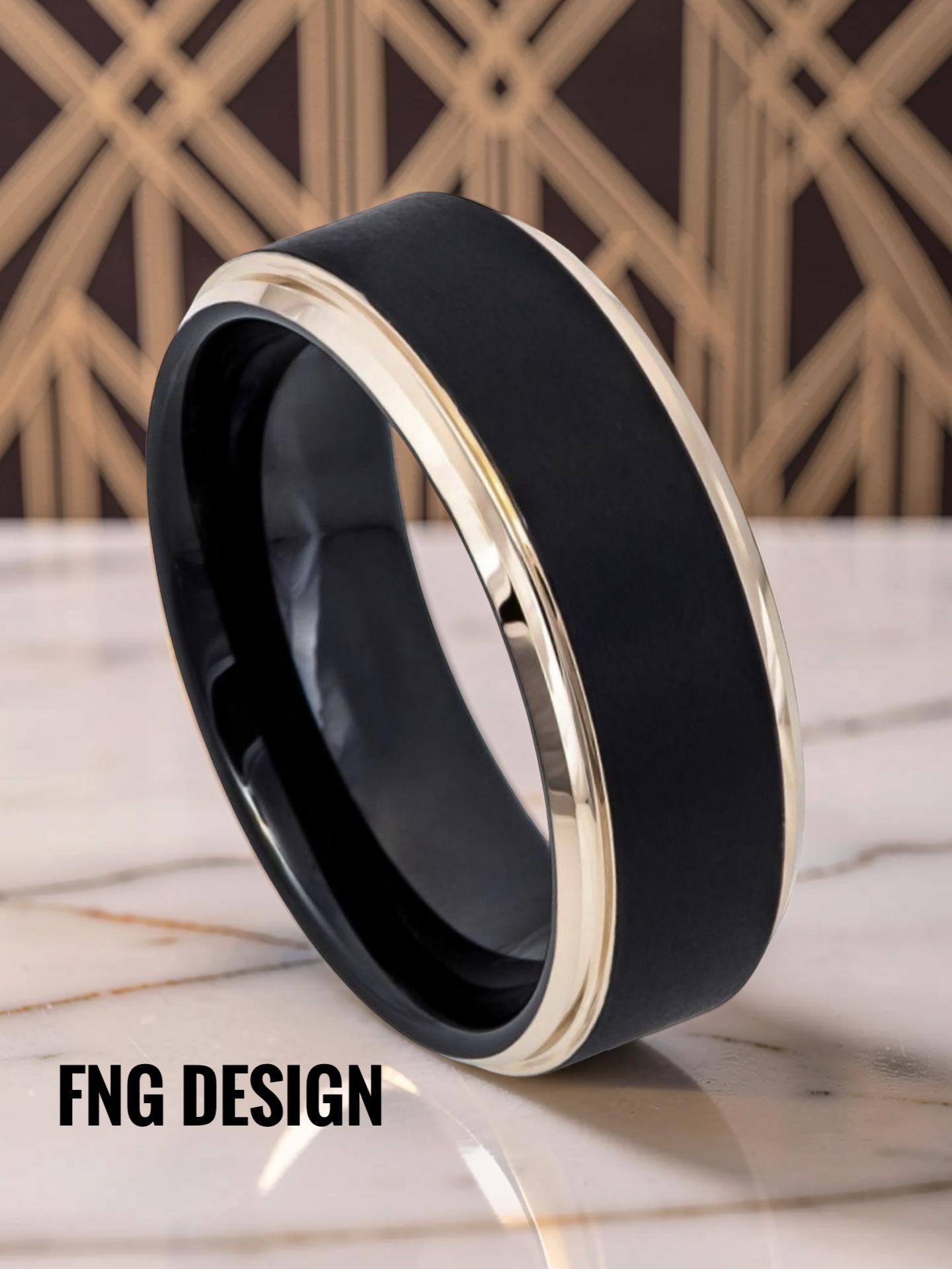 Tungsten Ring Two-Tone Black IP Rose Gold IP Brushed Center Stepped Edge – 8mm