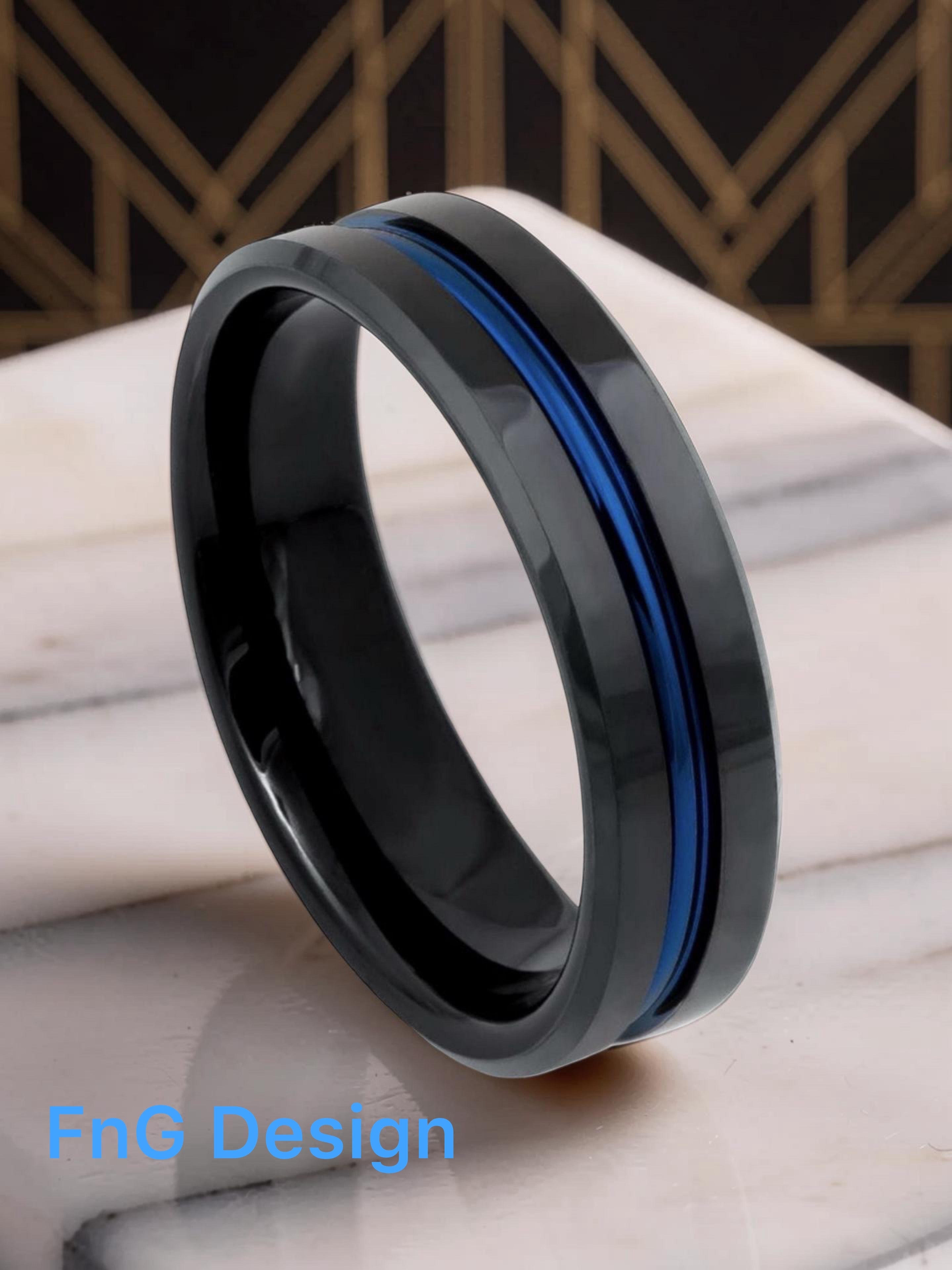 Tungsten Ring High Polished Beveled Edge Black IP Plated Ring with Blue IP Plated Grooved Center – 6mm