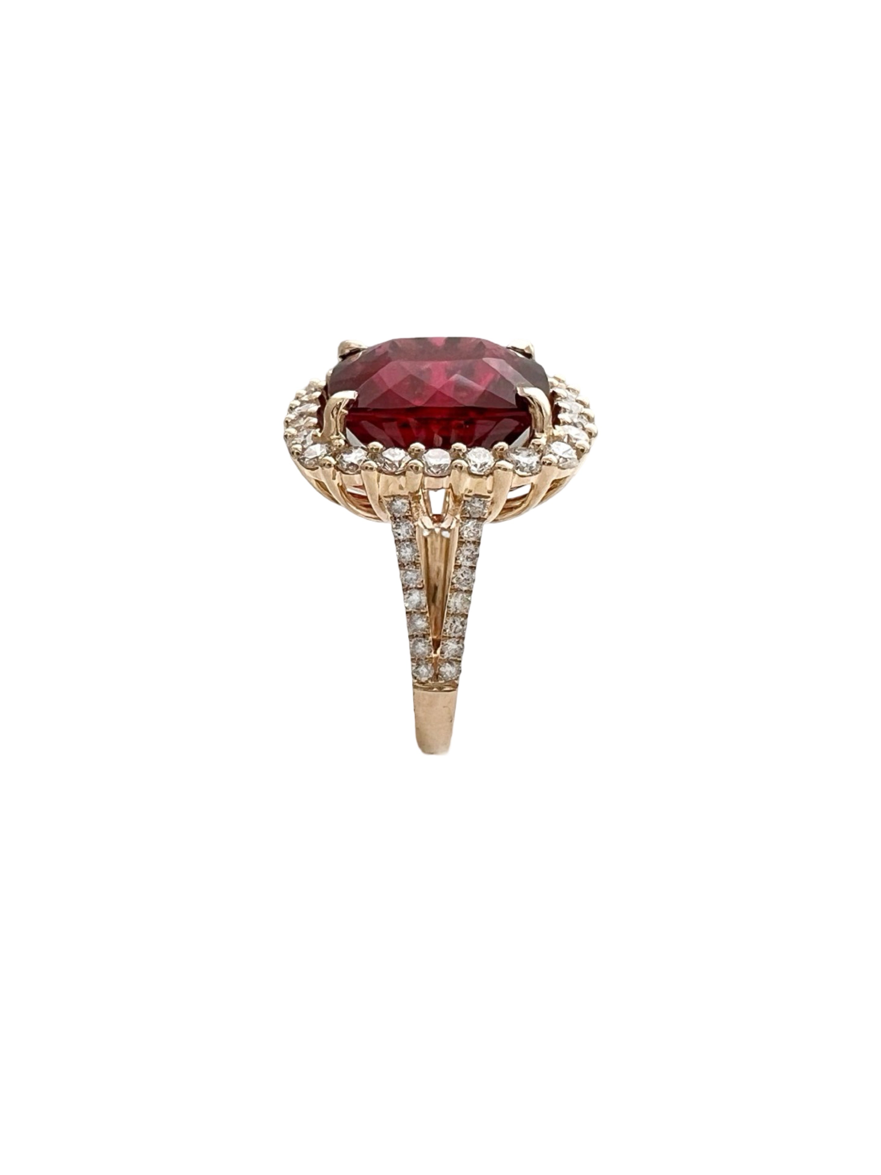 11.95 Carats Rubellite Tourmaline (Certified) & 1.76 Carats Diamonds VS2 Set In 14K Yellow Gold Ring