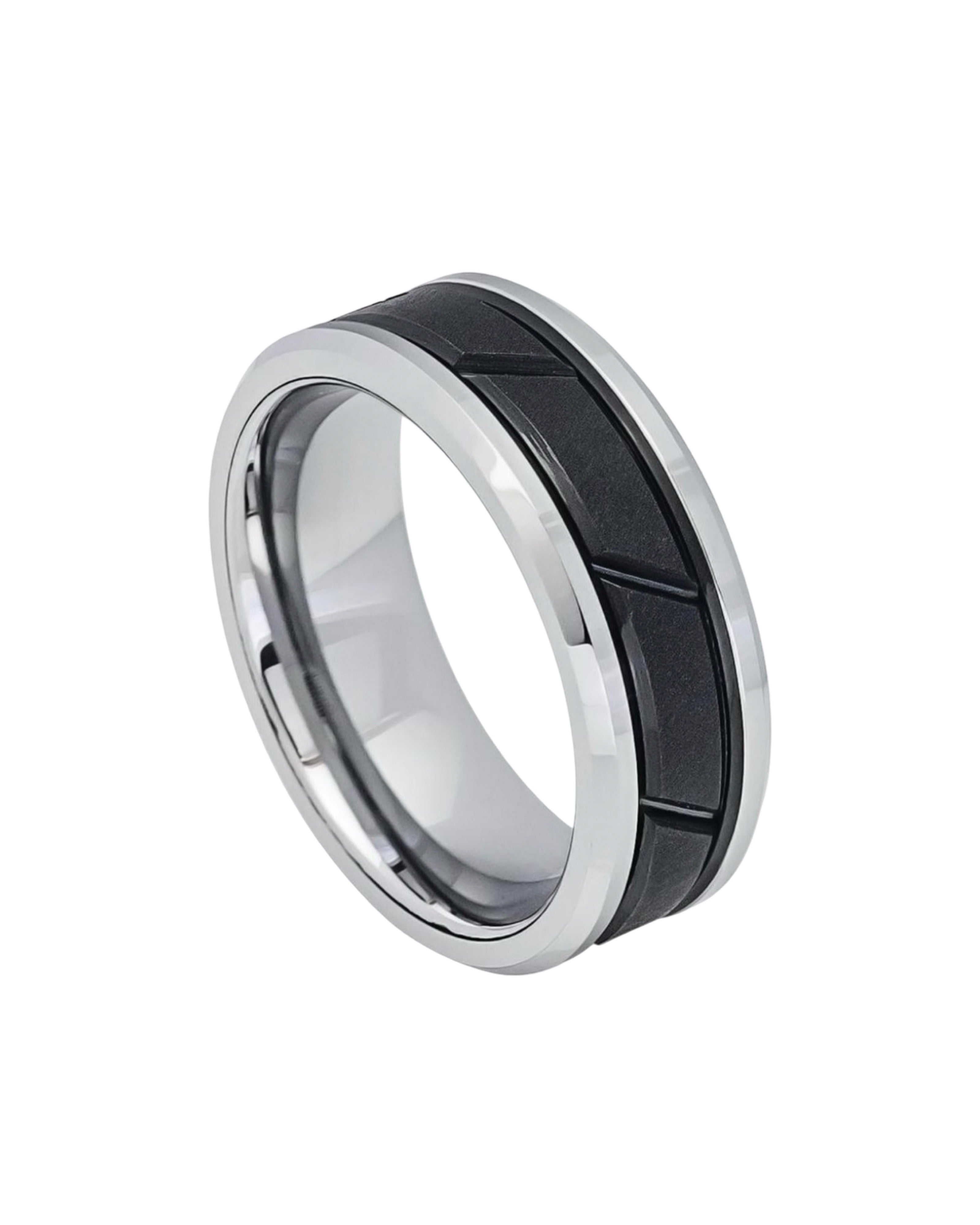 Tungsten Ring Two-tone Black IP Center with Diagonal Grooves – 8mm