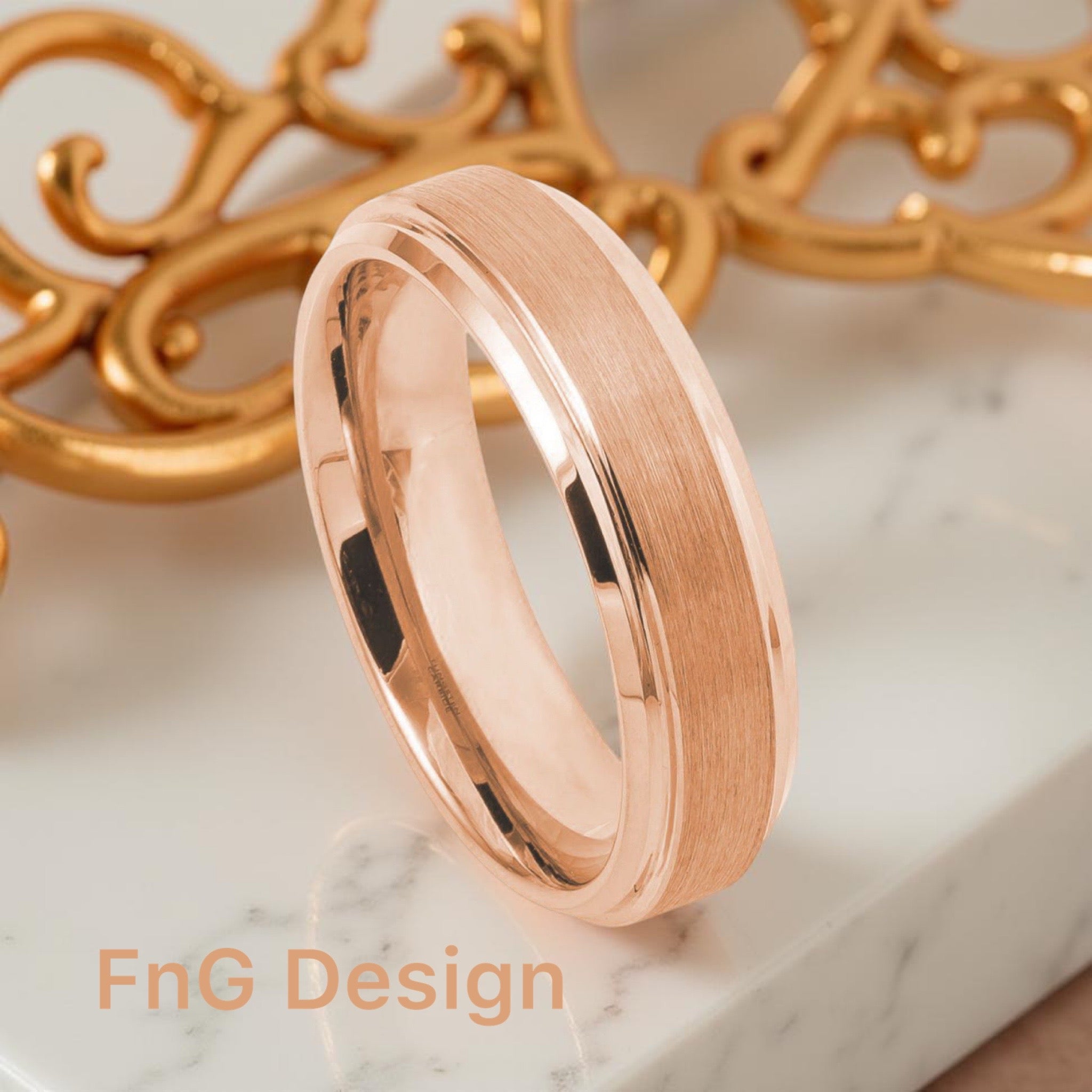 Rose Gold Tungsten Carbide 6mm ion Plating Flat Brushed Center & hi-Polished Step Cut Edge Ring
