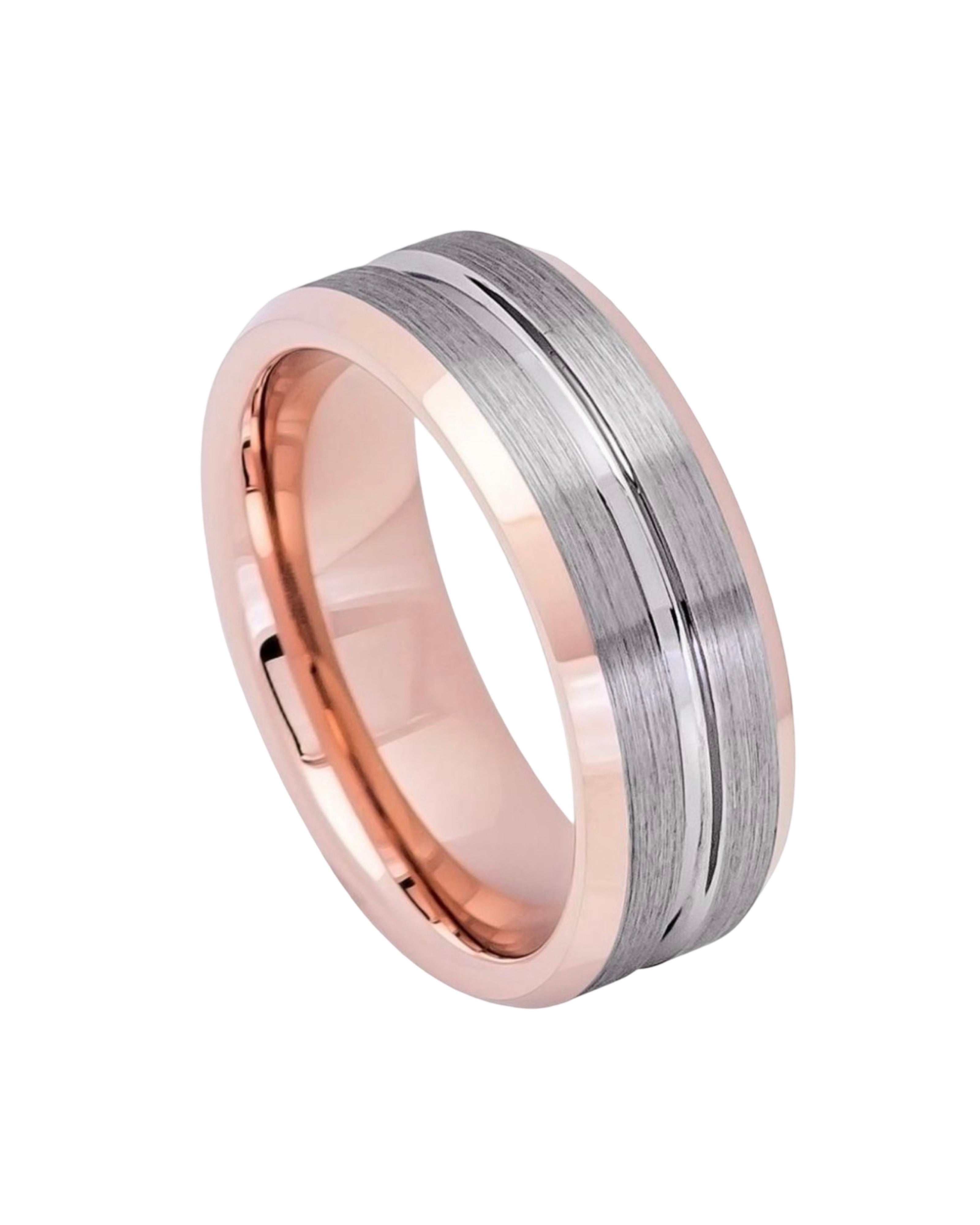 Tungsten Ring Rose Gold IP Plated Inside Gun Metal Grooved Brushed Center – 8mm