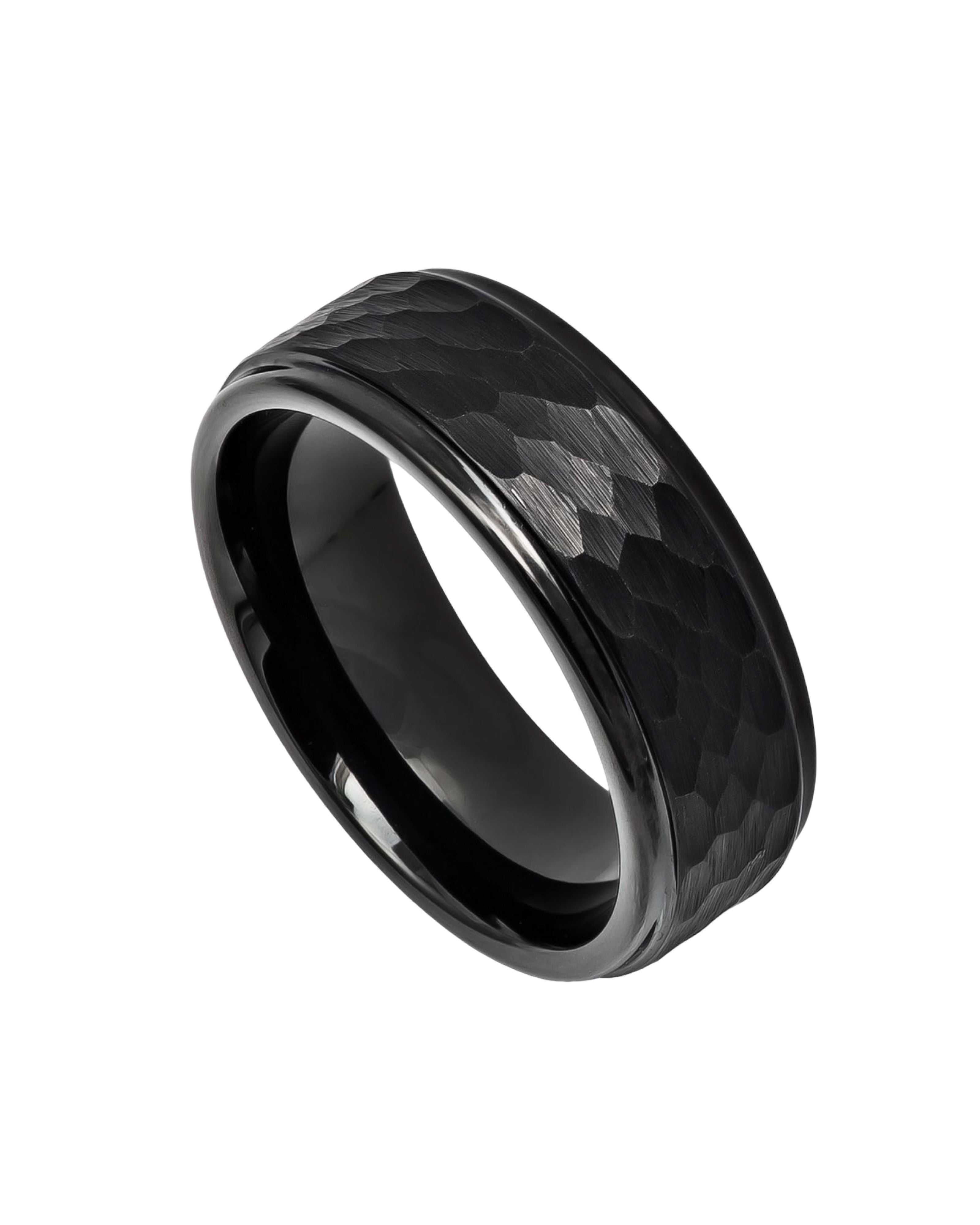 Tungsten Ring Black IP Plated Hammered Center with Stepped Edge – 8mm