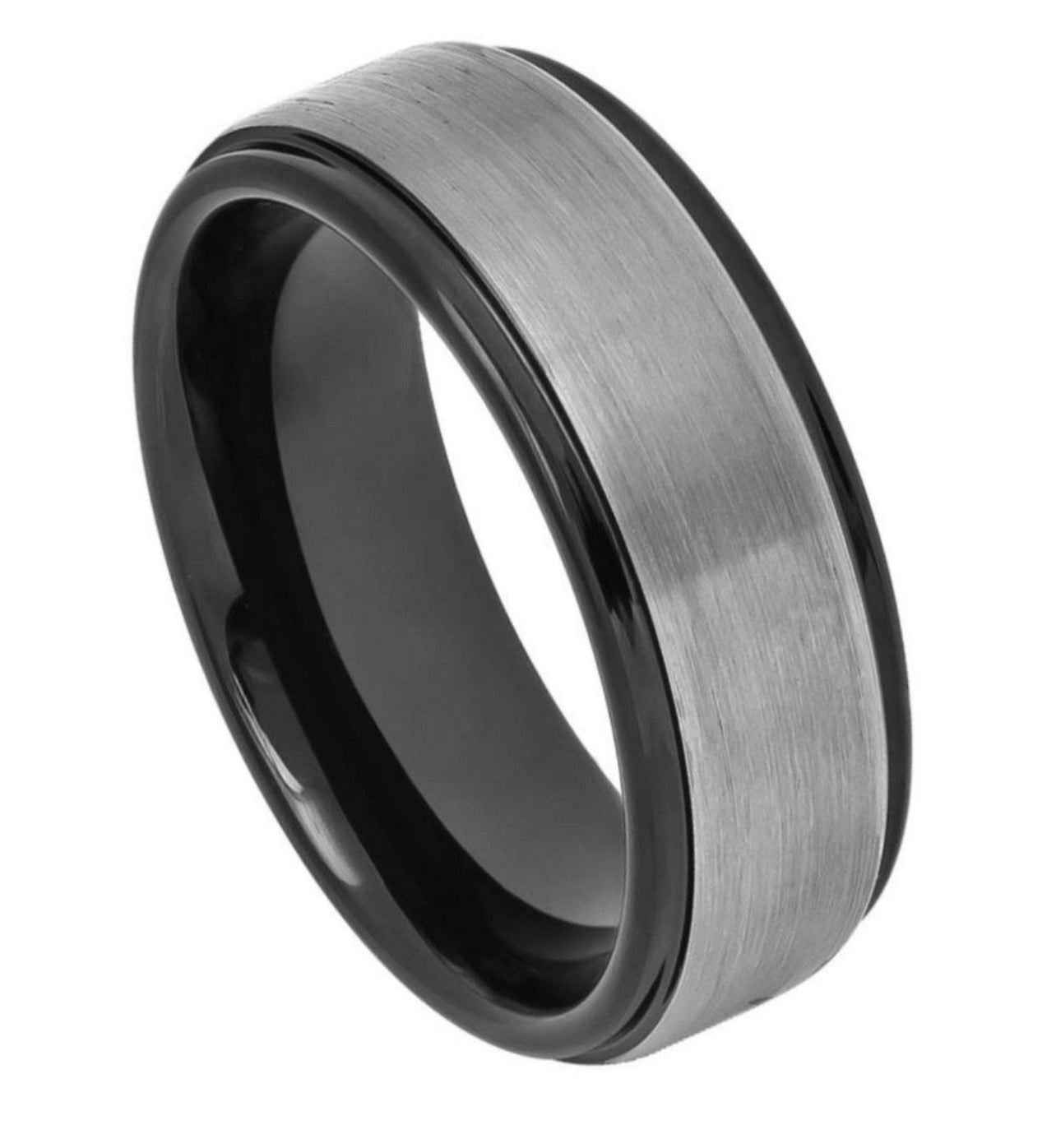 Tungsten Ring Two-tone Black IP Gun Metal Brushed Center Stepped Edge – 8mm