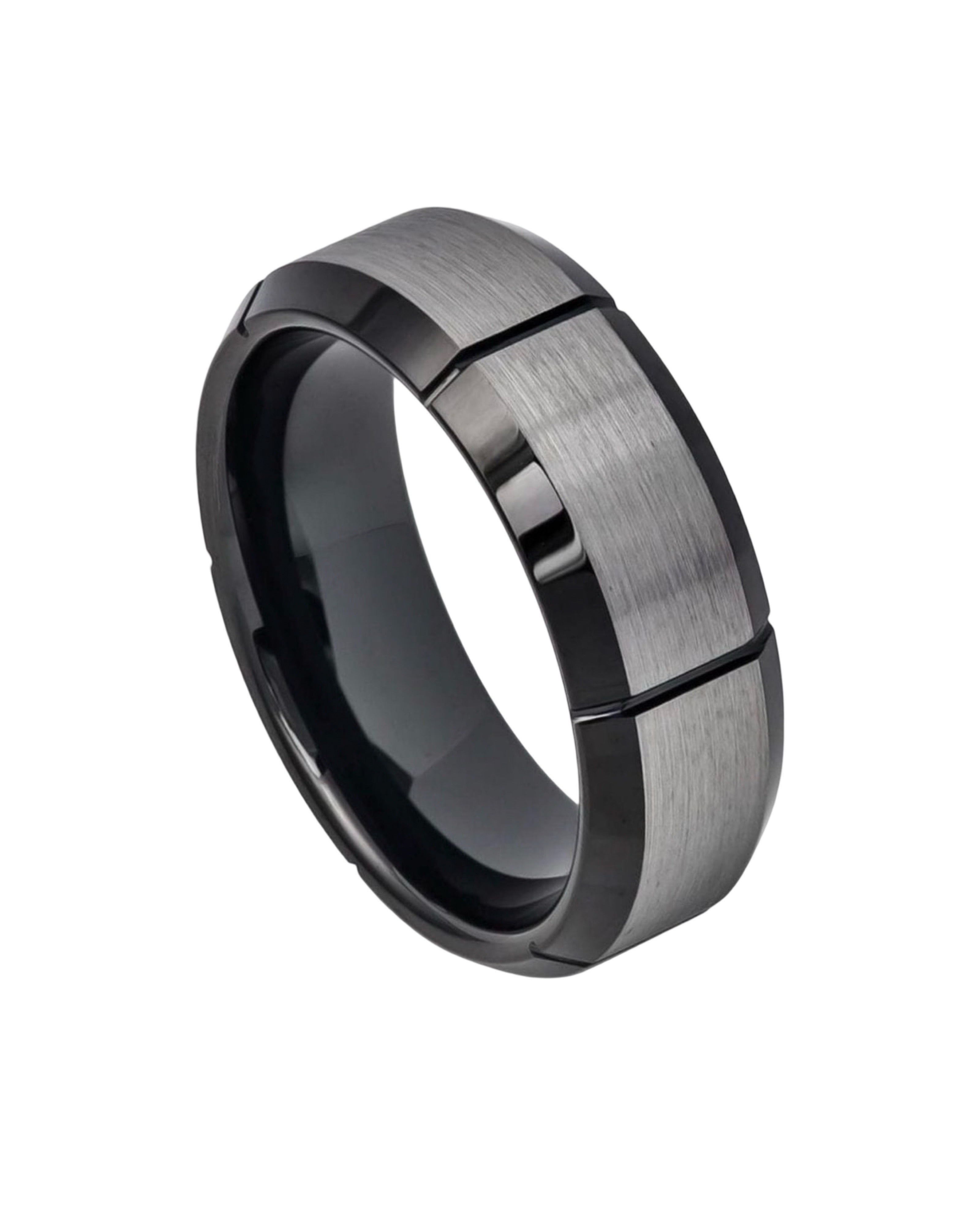 Tungsten Ring Two-tone Brushed Center with Multiple Vertical Grooves Black IP Beveled Edge – 8mm