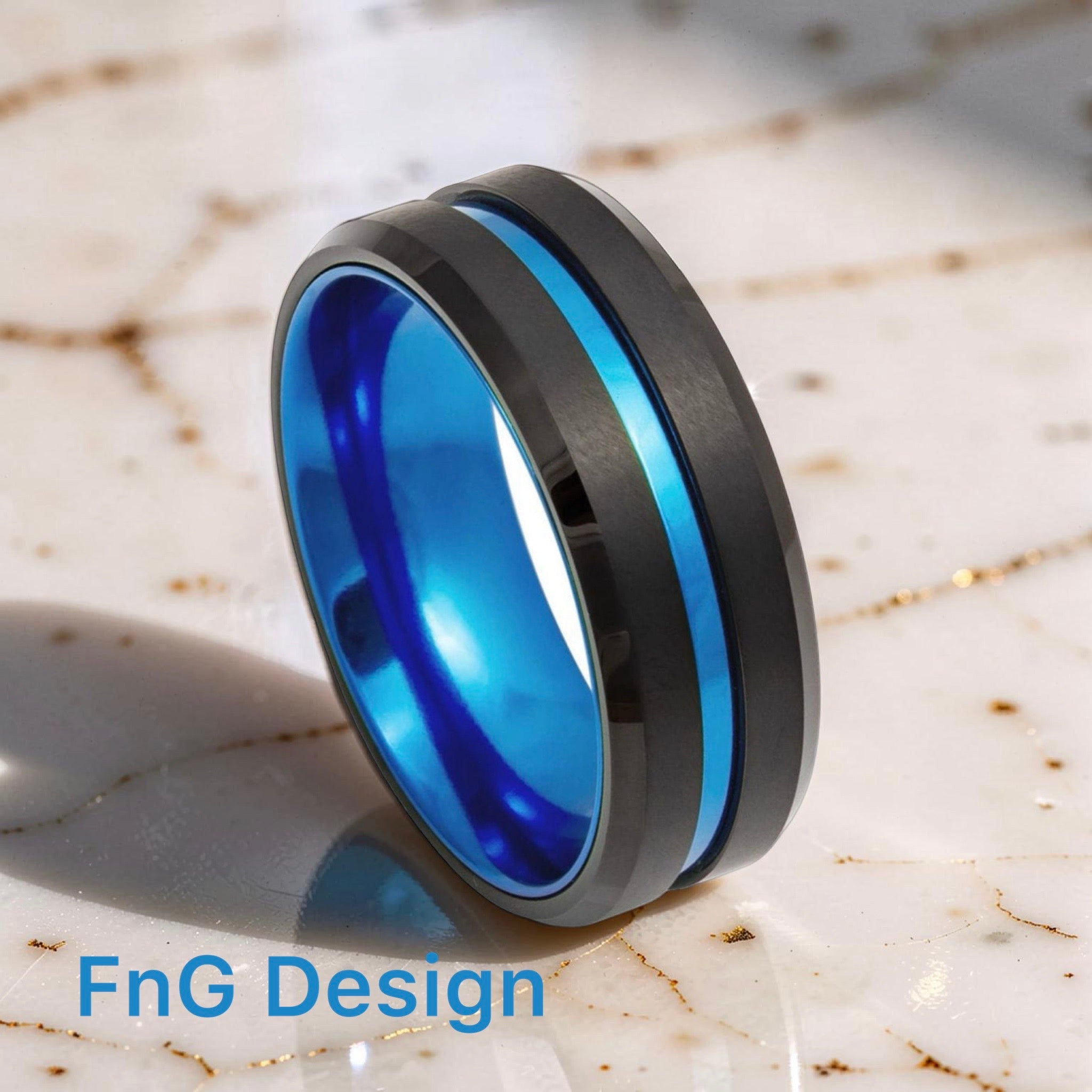 Tungsten Ring Black IP Plated, Grooved Center with Blue Anodized Aluminum Sleeve - 8mm