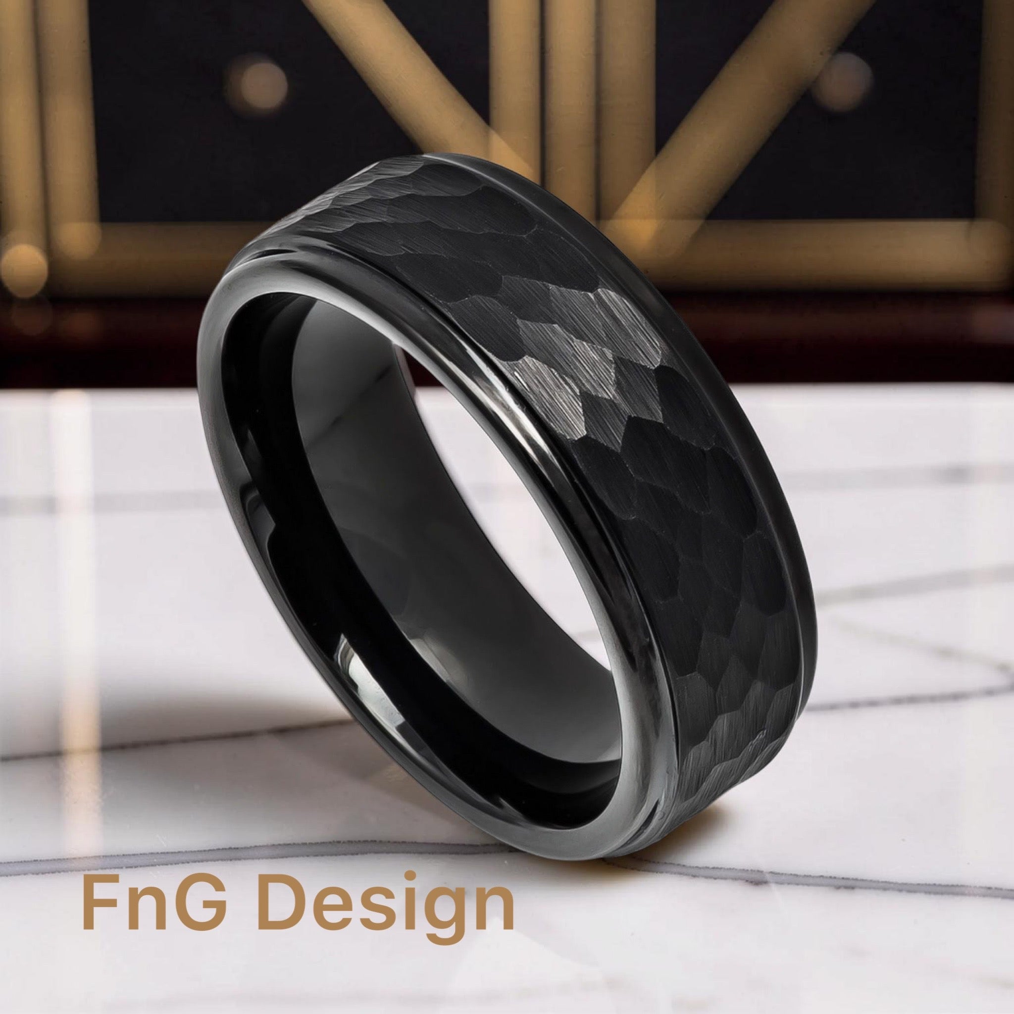 Tungsten Ring Black IP Plated Hammered Center with Stepped Edge – 8mm