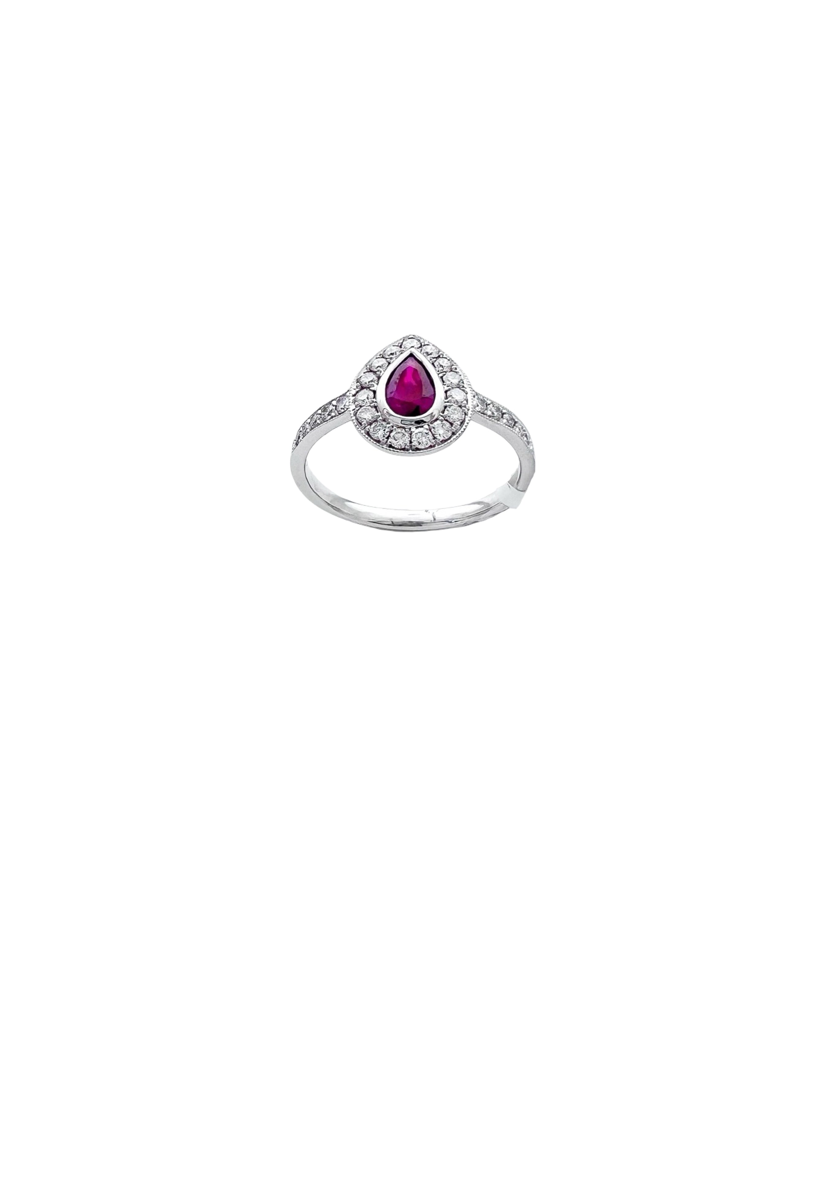 0.26 Carats Diamond VS2 & 0.39 Carats Red Ruby Pear Shape Set In 14 Karat White Gold Ring