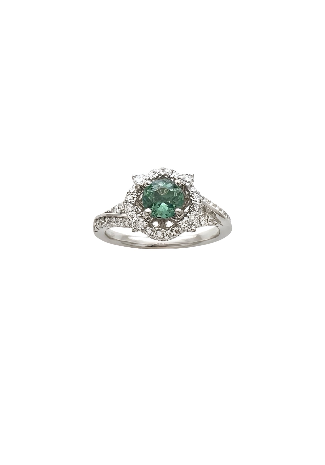 0.57 Carats Alexandrite Bluish-Green Color Change GIA (Certified) & 0.92 Carats Diamond VS2 Set In 14K White Gold Ring