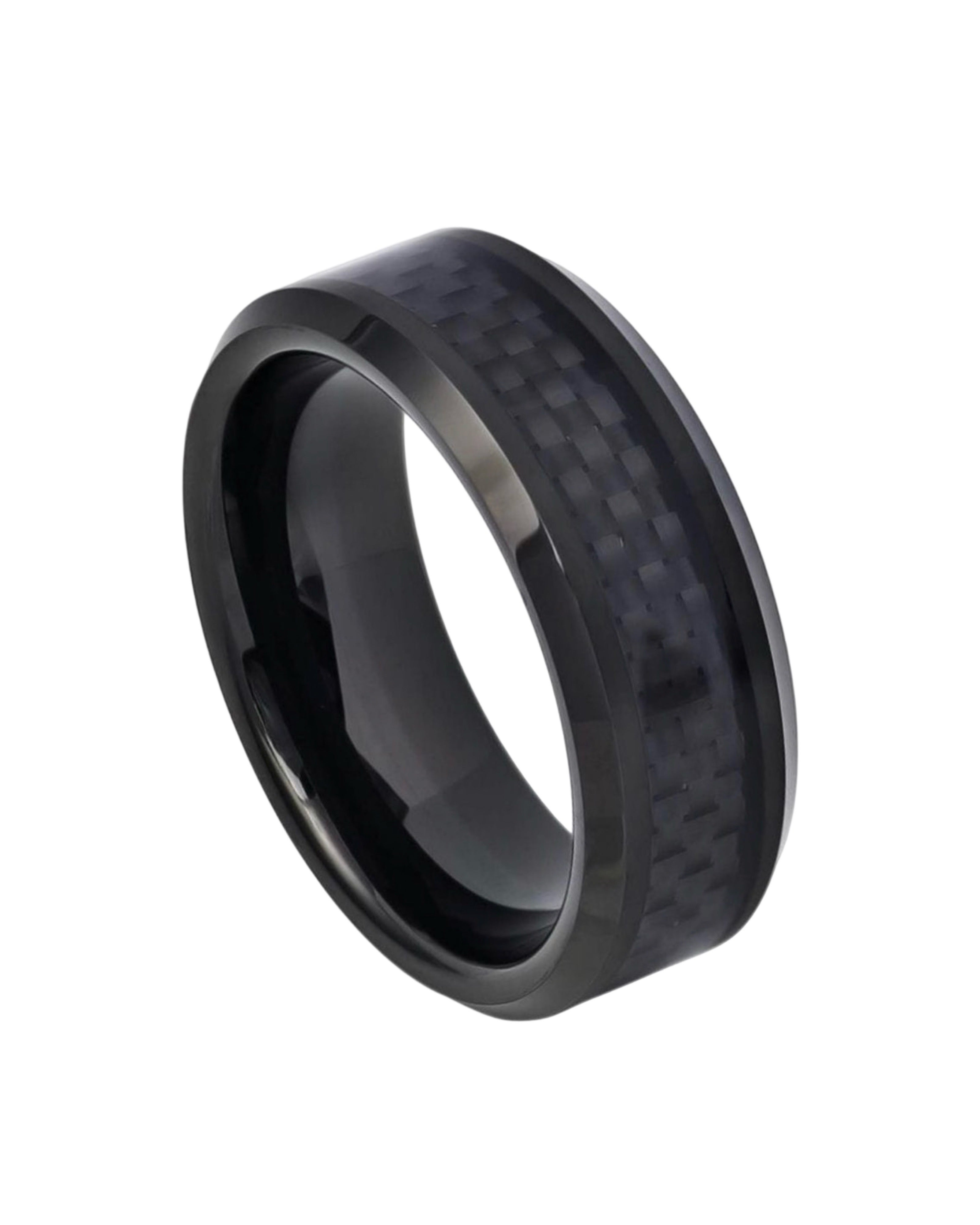 Tungsten Ring High Polished Black IP Plated with Black Carbon Fiber Inlay Beveled Edge – 8mm