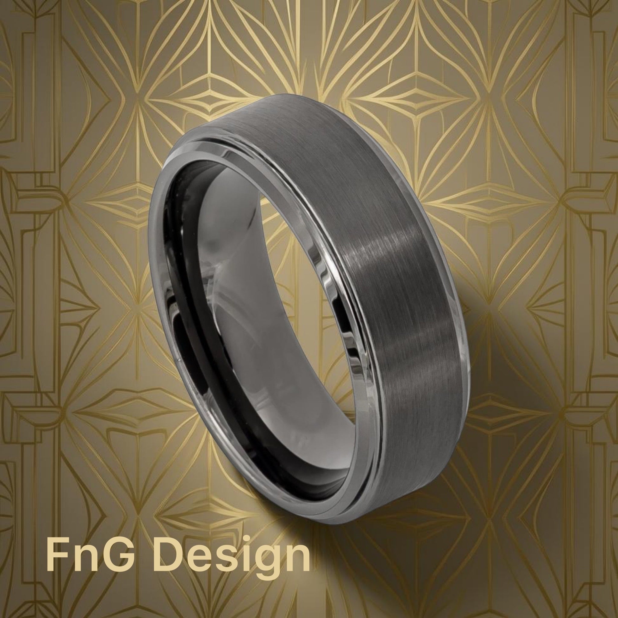 Tungsten Ring Gun Metal IP Plated Brushed Center High Polish Stepped/Beveled Edge 8mm