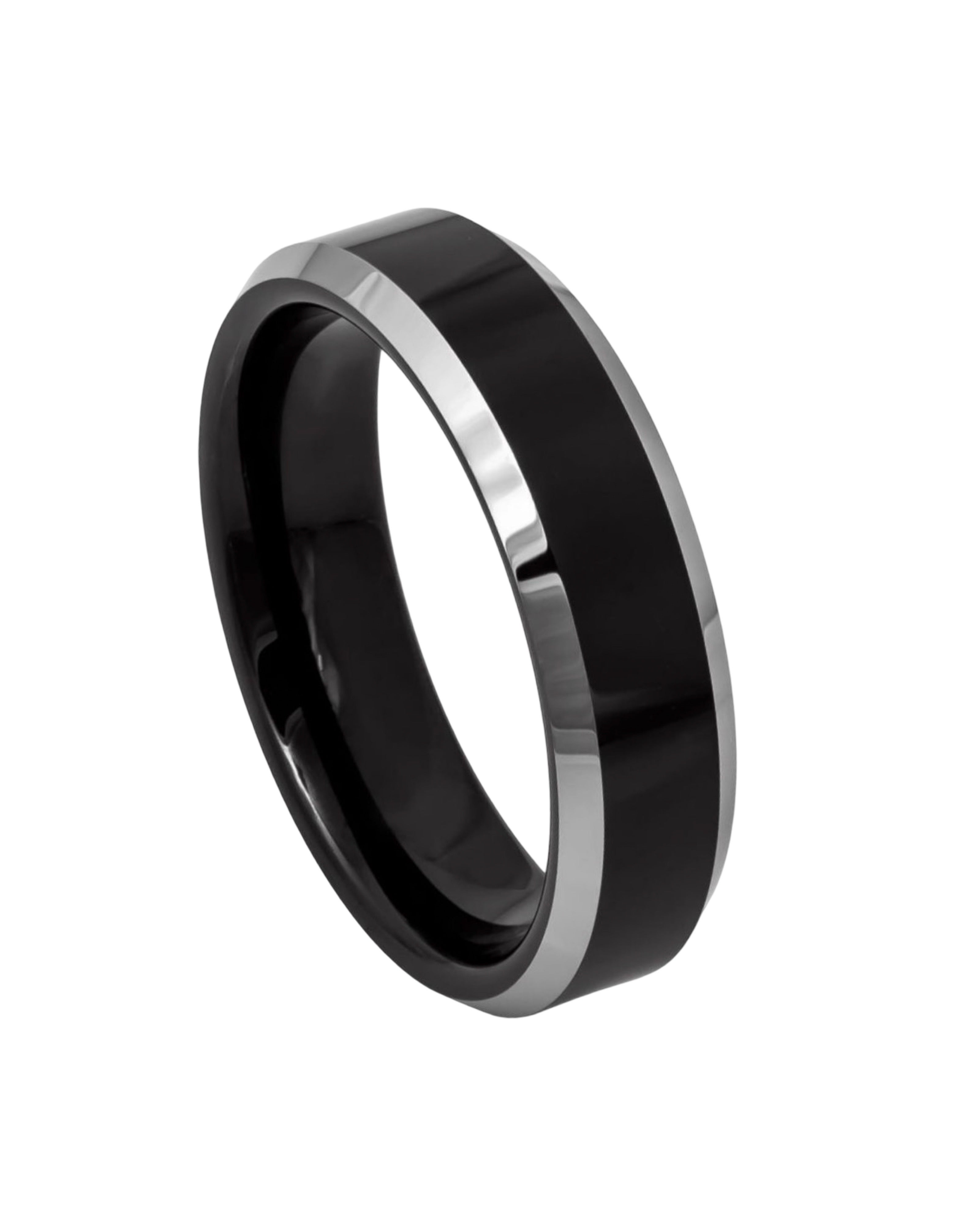 Tungsten Ring Black IP Plated Center High Polished Steel Color Beveled Edge – 6mm