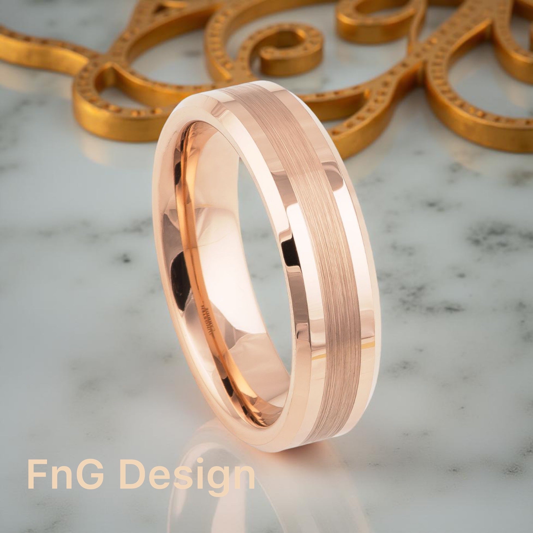 Tungsten Ring Rose Gold IP Plated Brushed Center High Polished Beveled Edge – 6mm