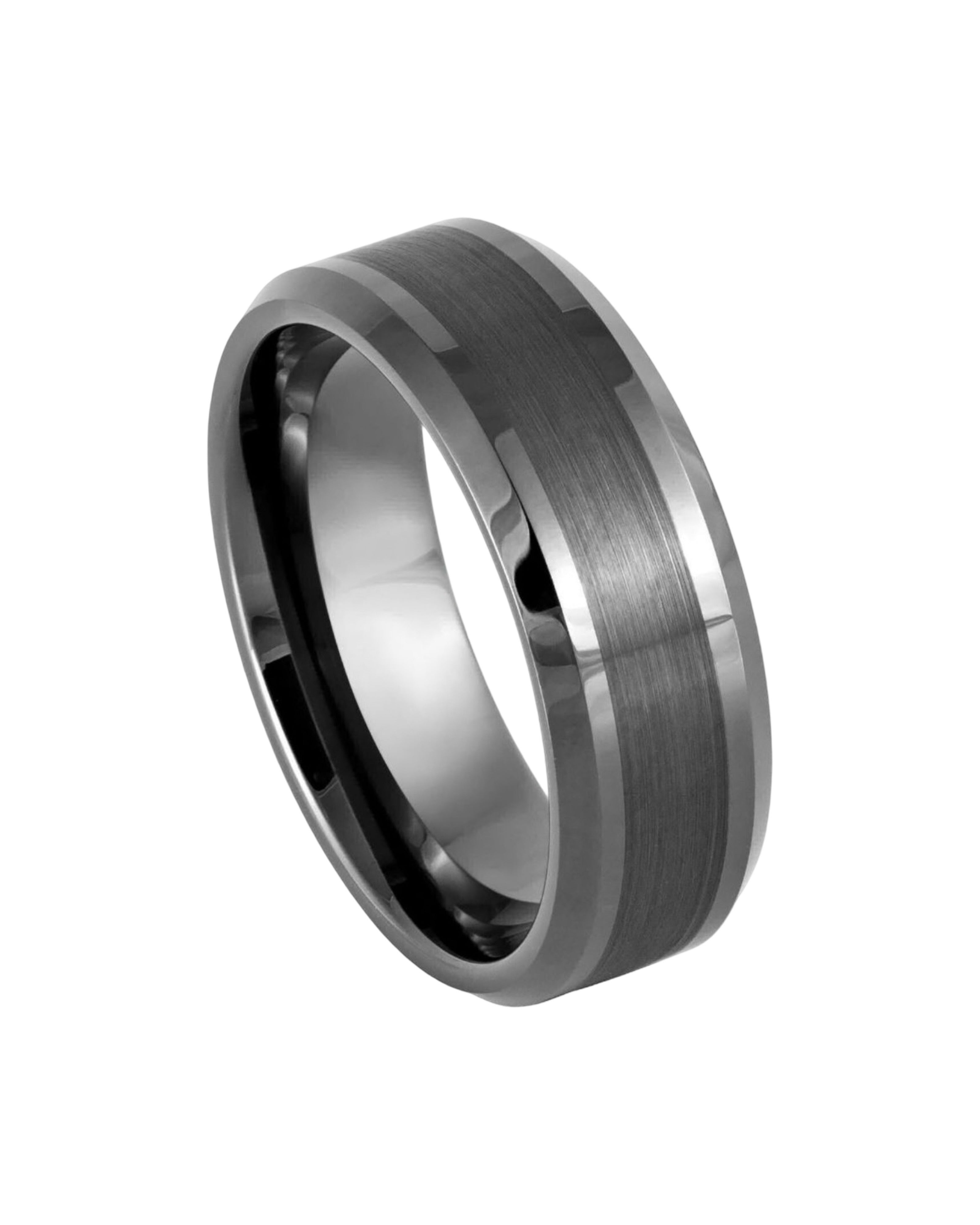 Gun Metal IP Plated Brushed Center Shiny Lines on each side Beveled Edge – 8mm