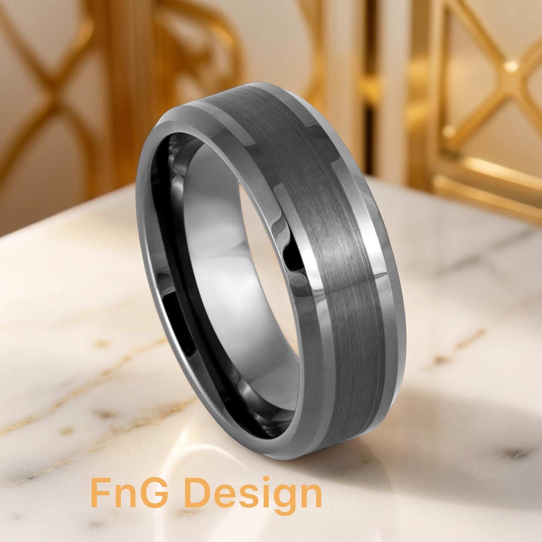 Gun Metal IP Plated Brushed Center Shiny Lines on each side Beveled Edge – 8mm
