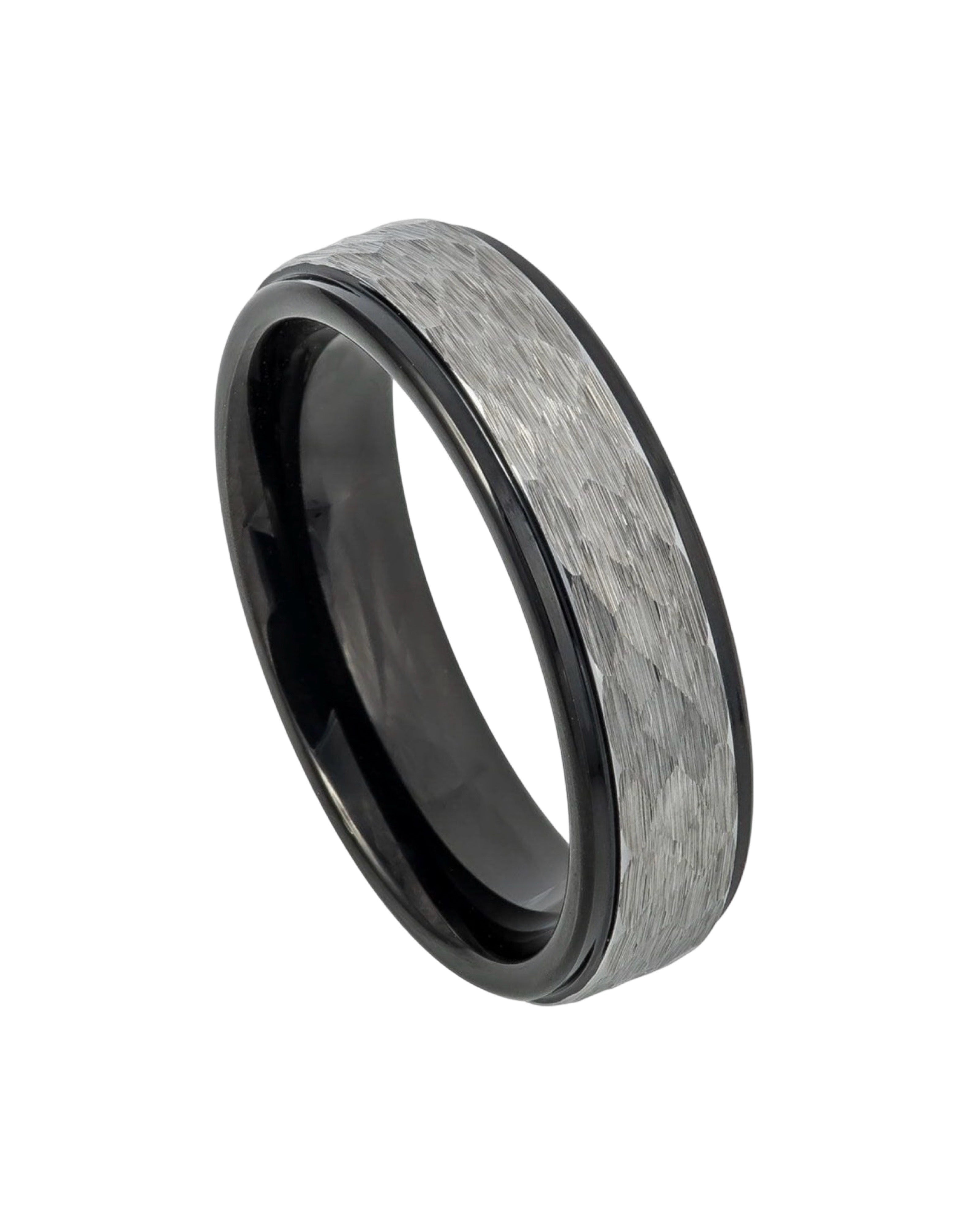 Tungsten Ring Two-tone Hammered Gun Metal Brushed Finish Black IP Inner Ring Stepped Edge – 6mm