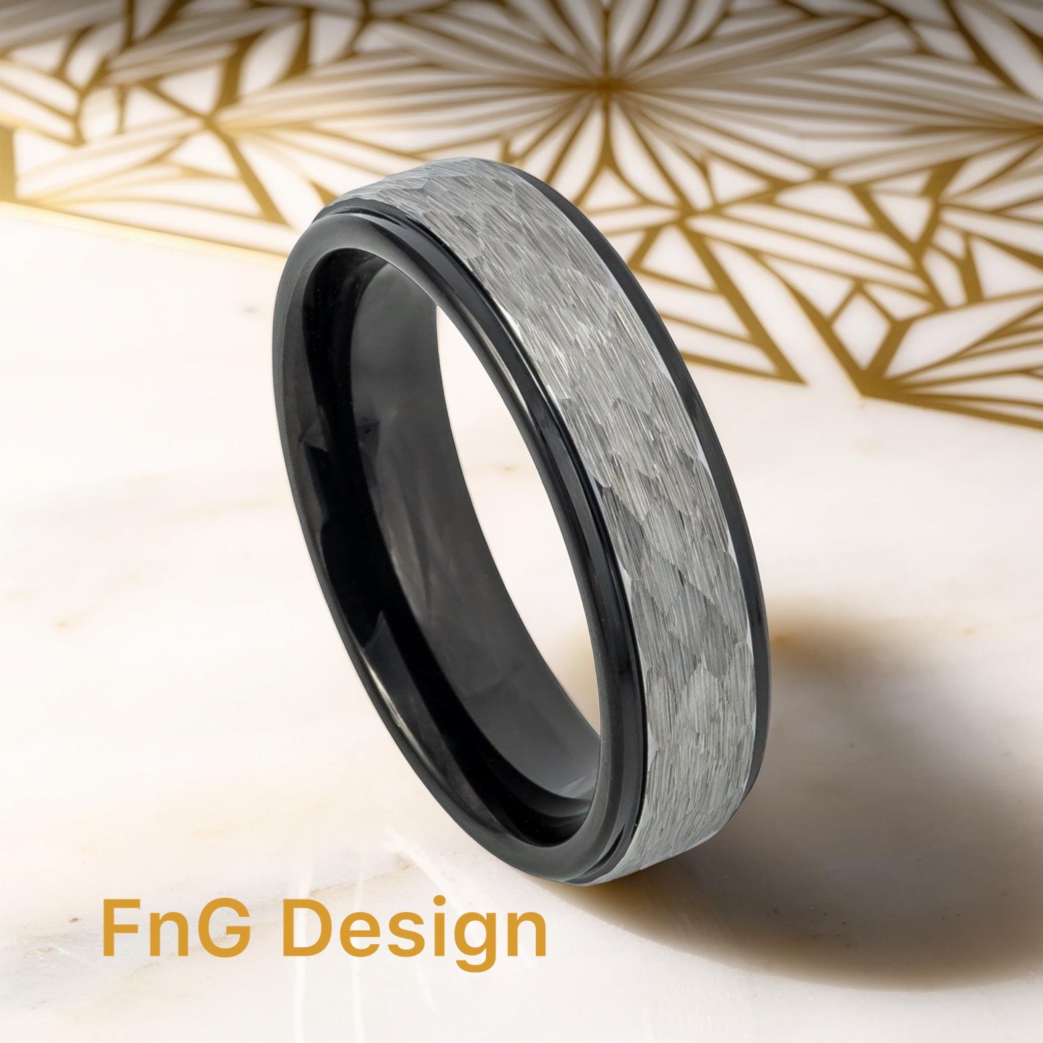 Tungsten Ring Two-tone Hammered Gun Metal Brushed Finish Black IP Inner Ring Stepped Edge – 6mm