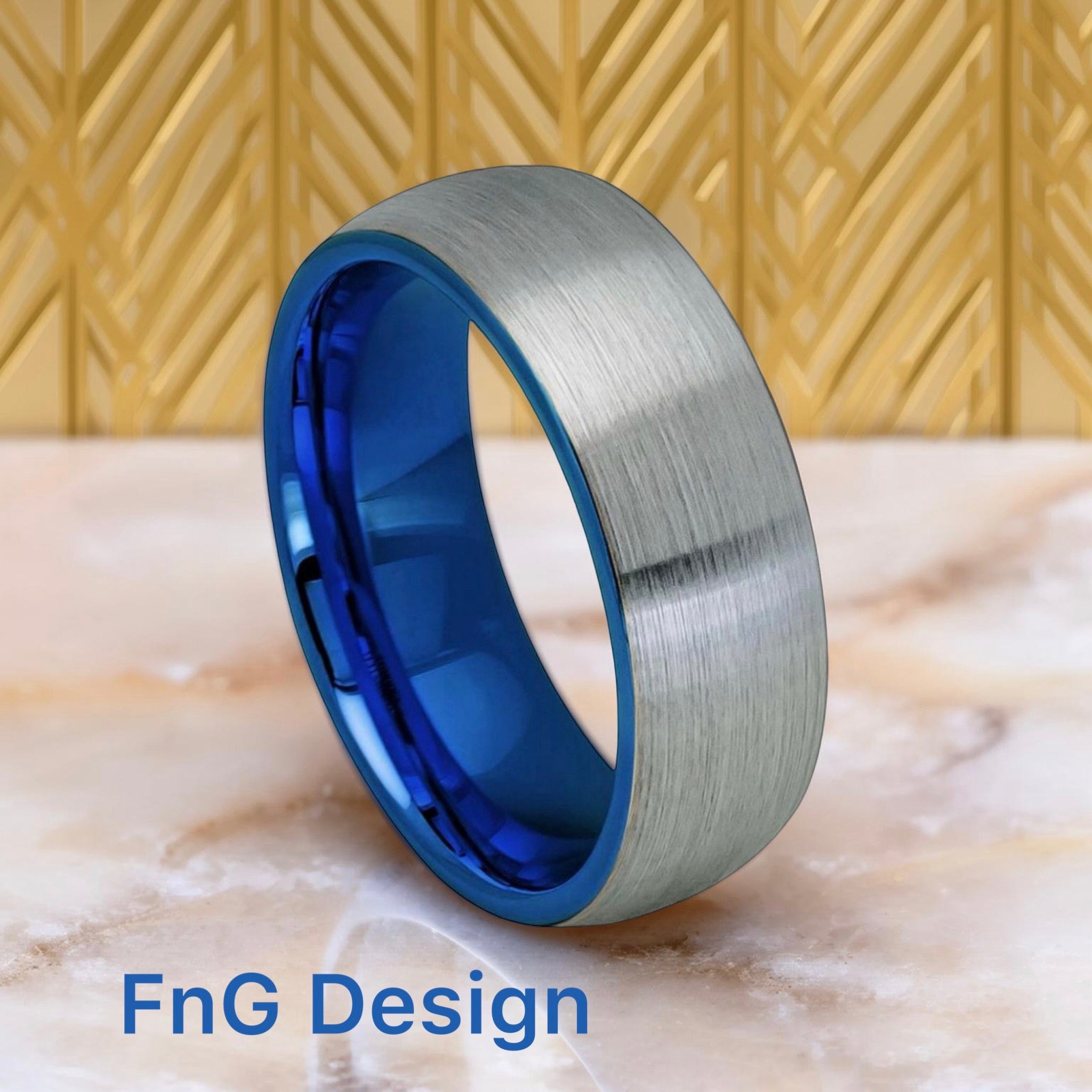 Tungsten Ring Domed Blue IP Plated Inside Gun Metal Brushed Center – 8mm
