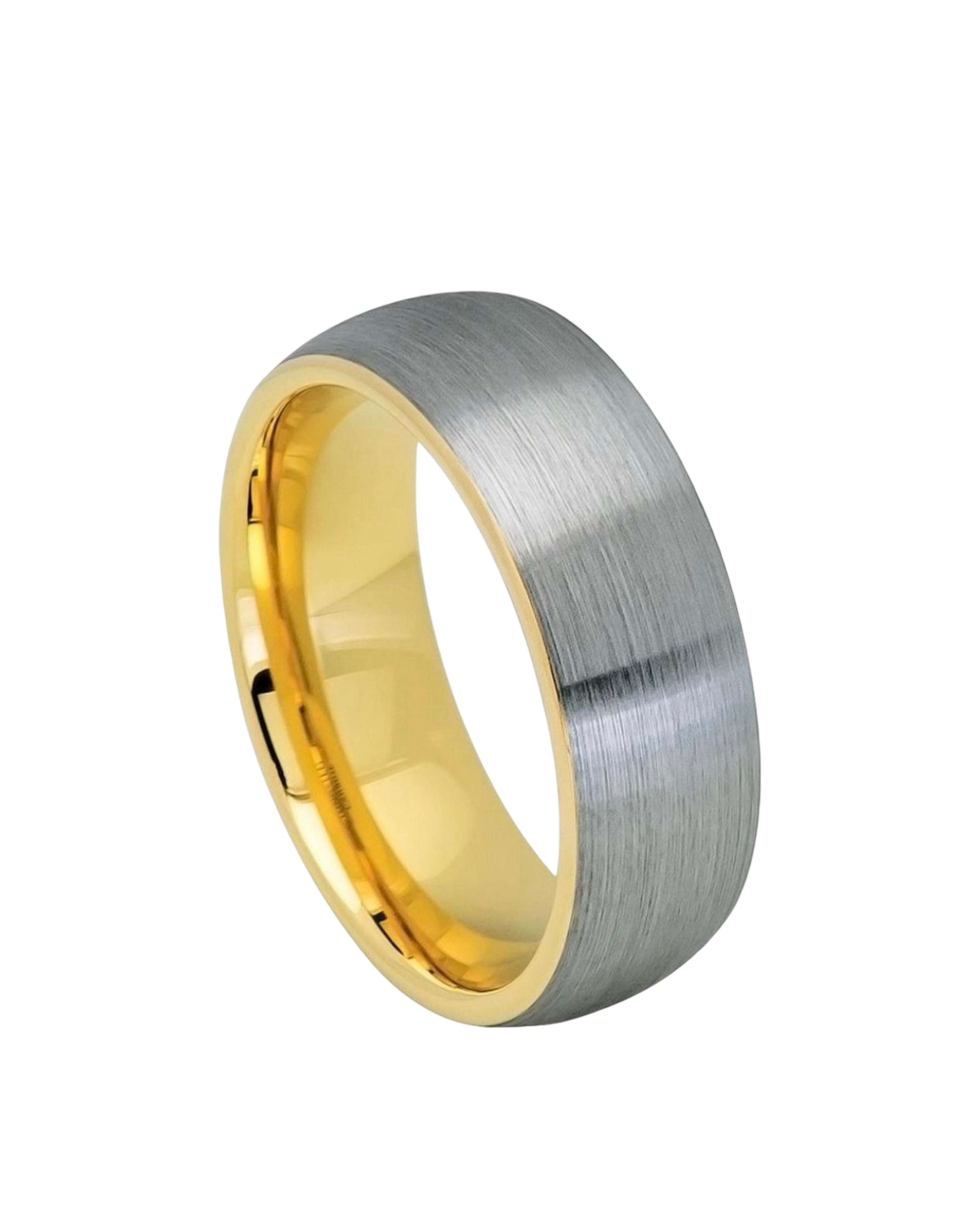 Tungsten Ring Domed Yellow Gold IP Plated Inside & Gun Metal Brushed Center – 8mm
