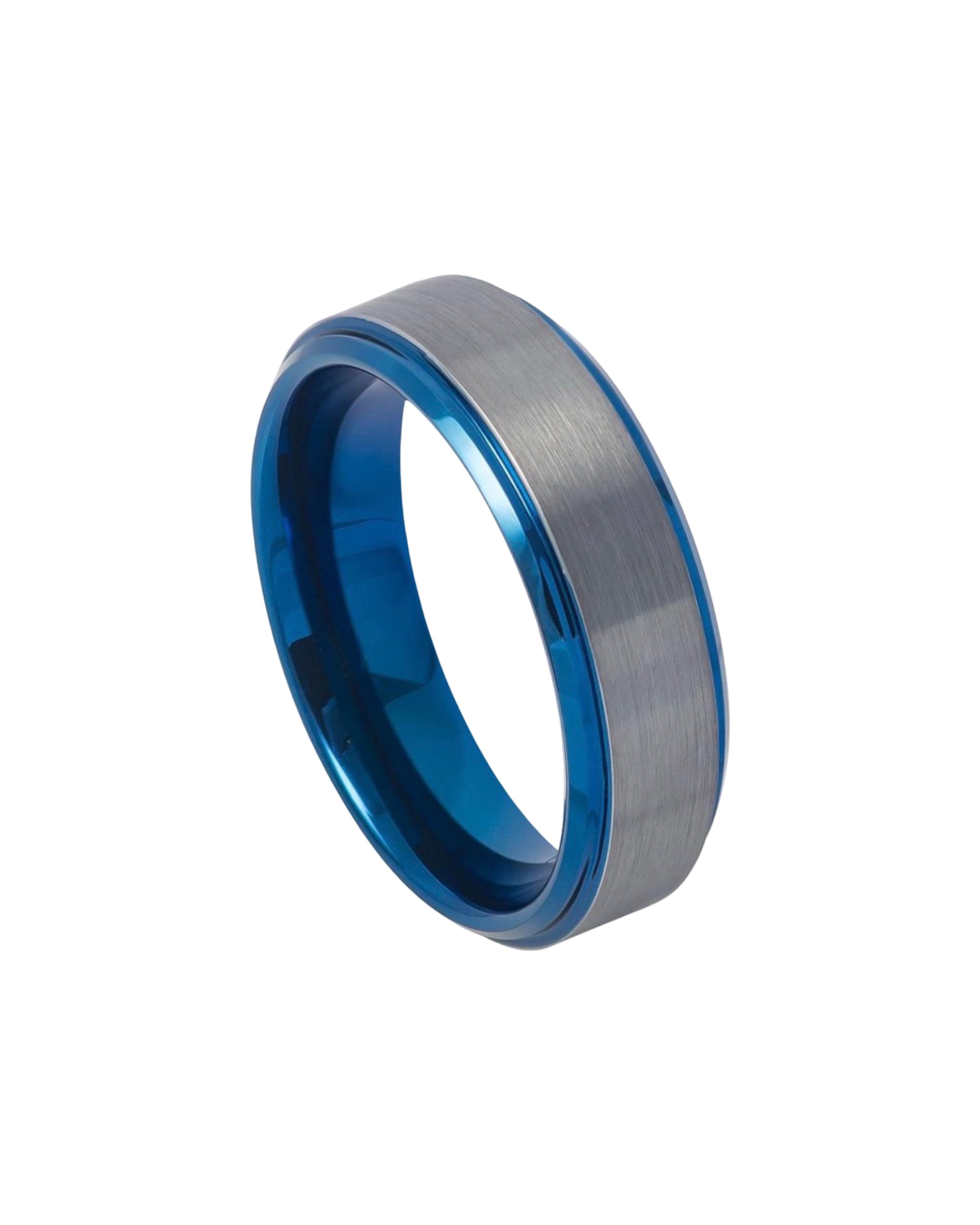 Tungsten Ring Blue IP Plated Beveled Edge Gun Metal Brushed Finish – 6mm