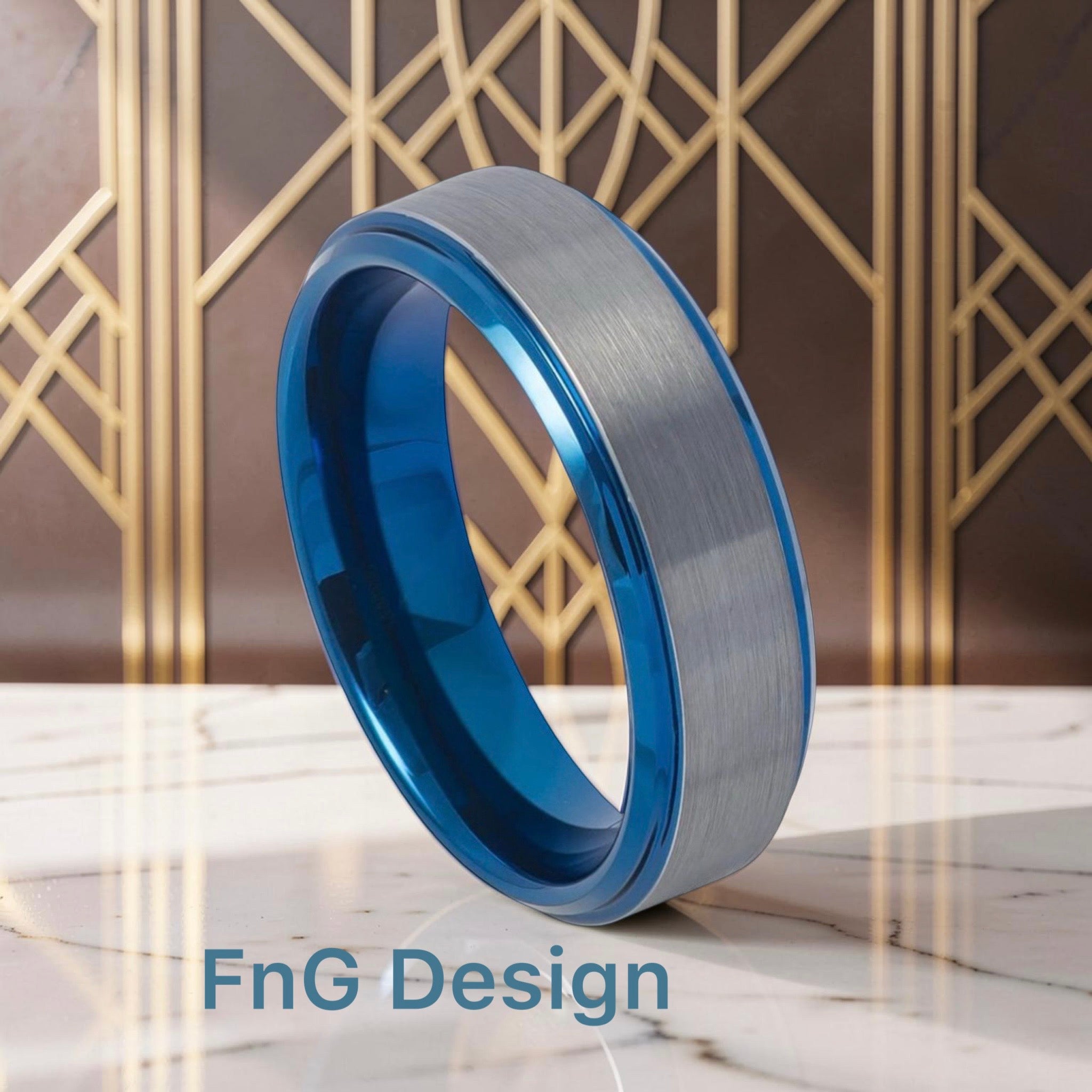Tungsten Ring Blue IP Plated Beveled Edge Gun Metal Brushed Finish – 6mm