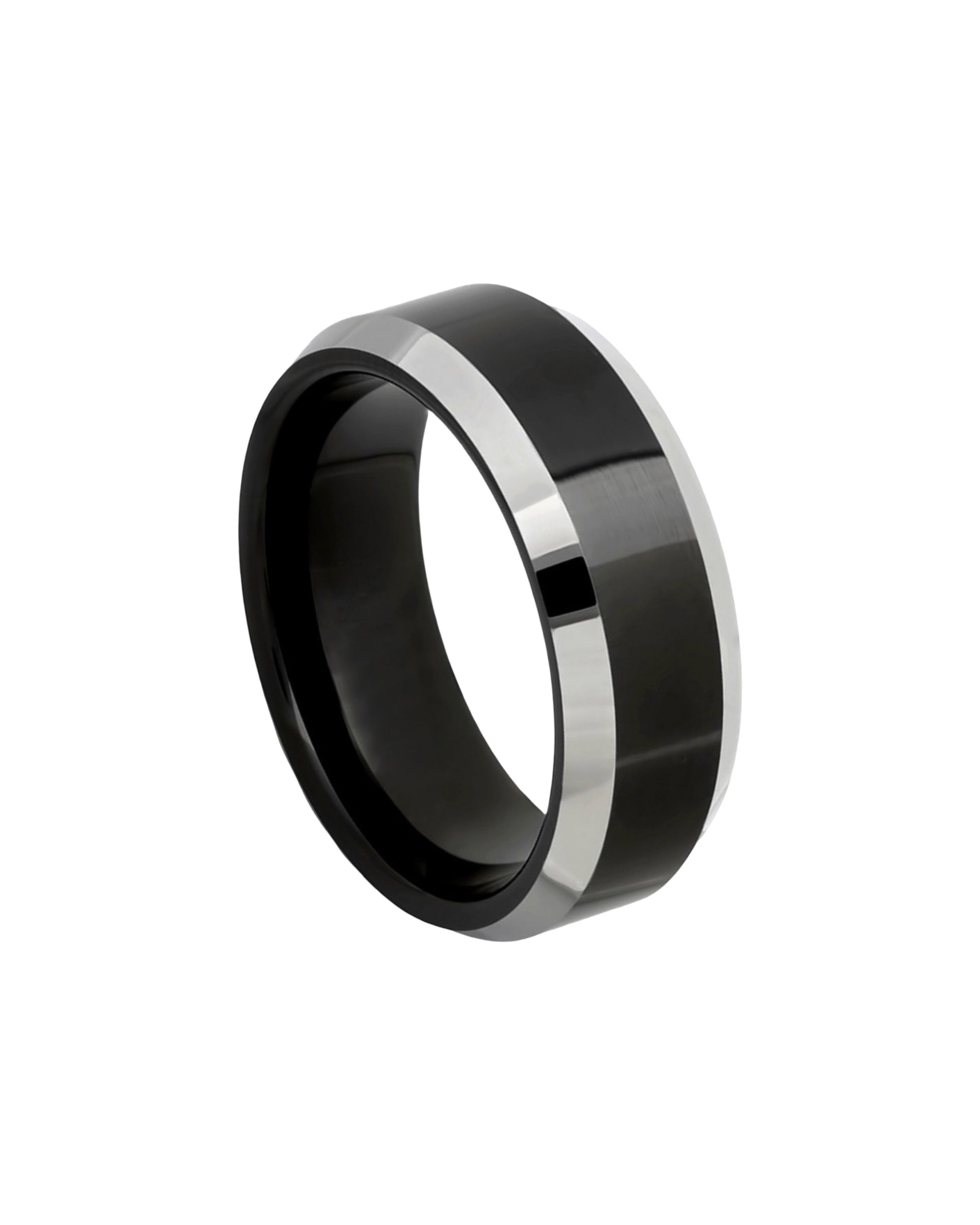 Tungsten Ring Black IP Plated Center High Polished Steel Color Beveled Edge Finish– 8mm