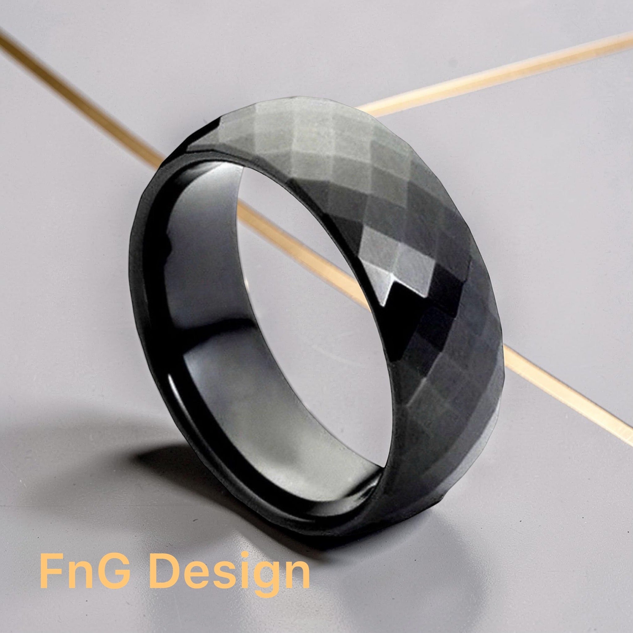 Tungsten Ring Domed Black IP Multi-Faceted Ring – 8mm