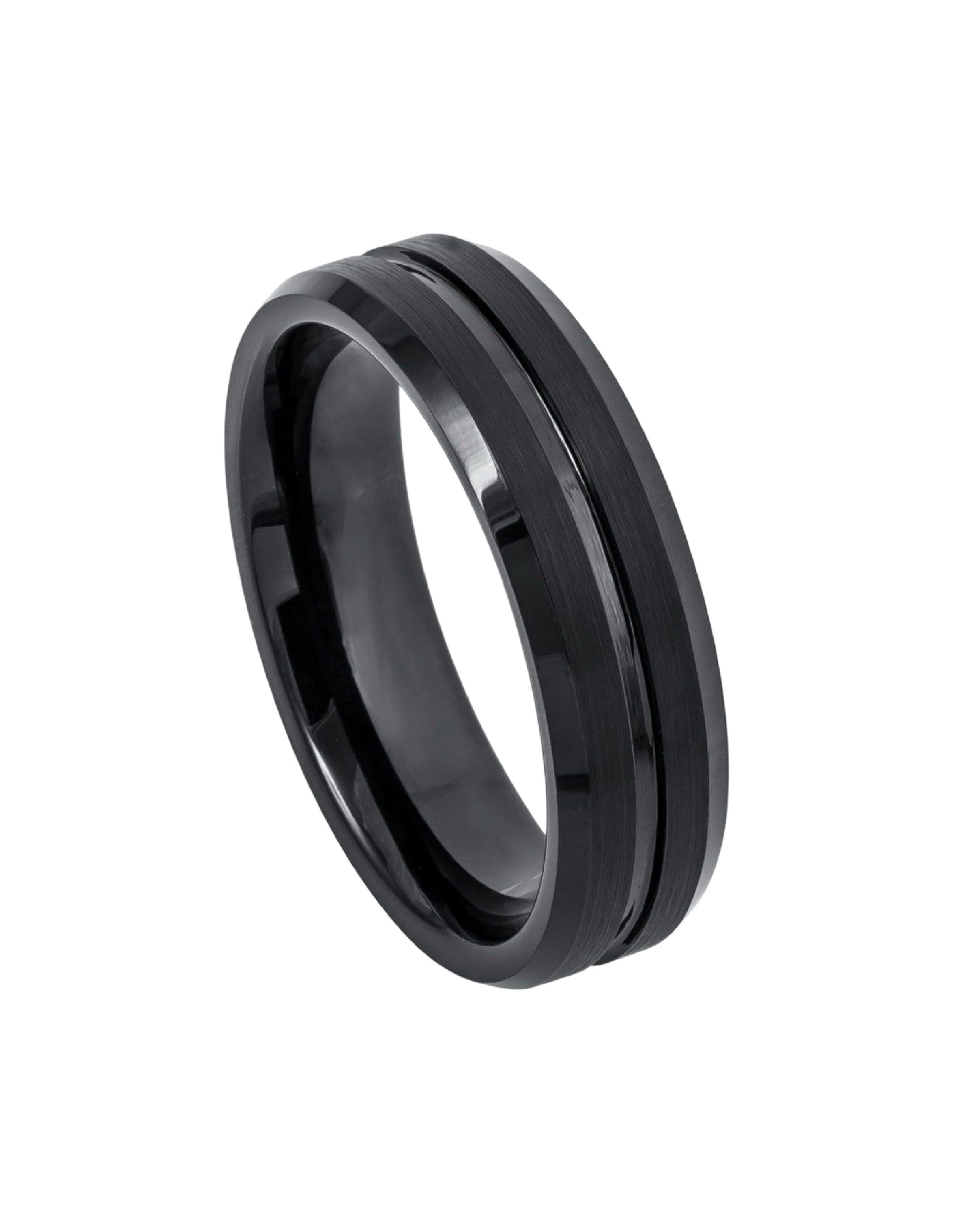 Tungsten Ring Black IP Plated Shiny Grooved Center Brushed Beveled Edge – 8mm