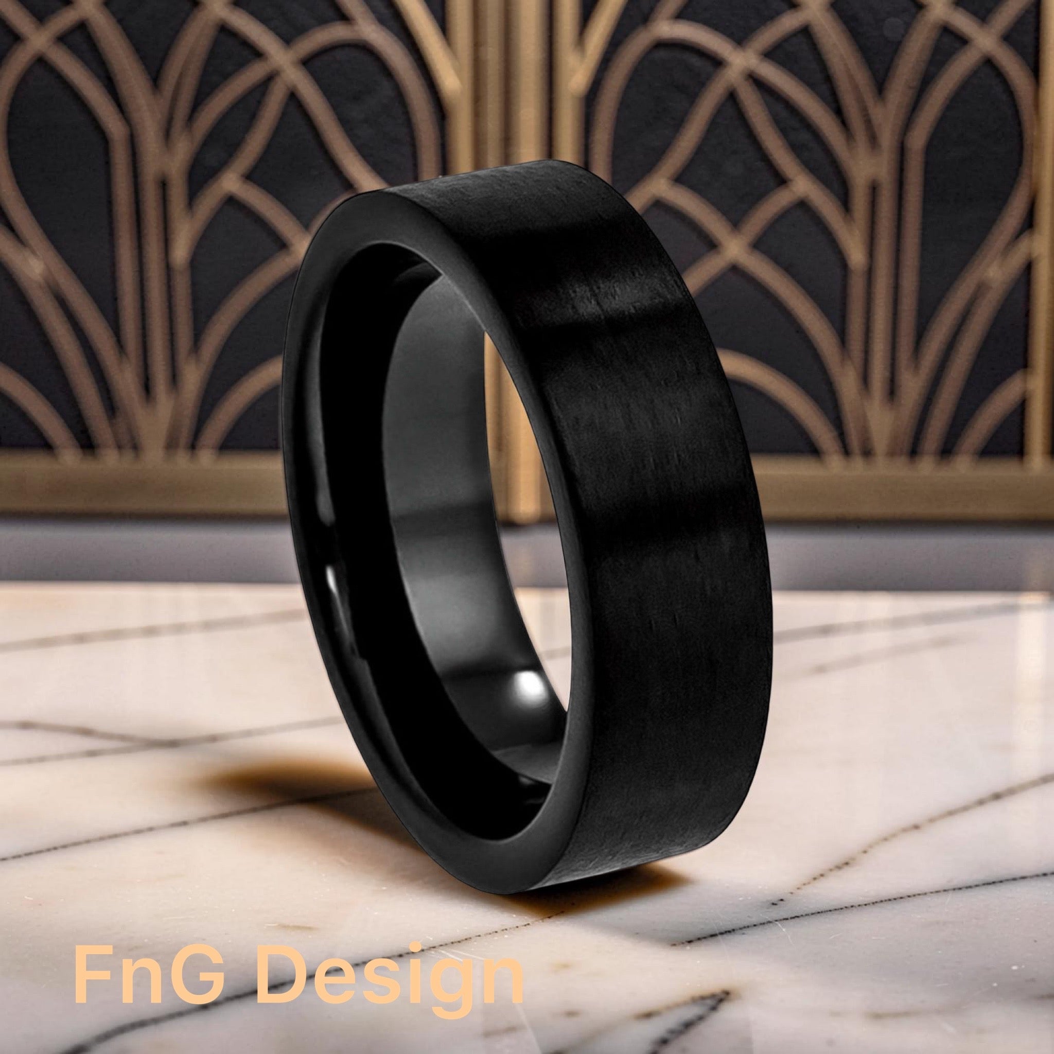 Tungsten Ring Black IP Plated Brushed Pipe Cut Band – 7mm