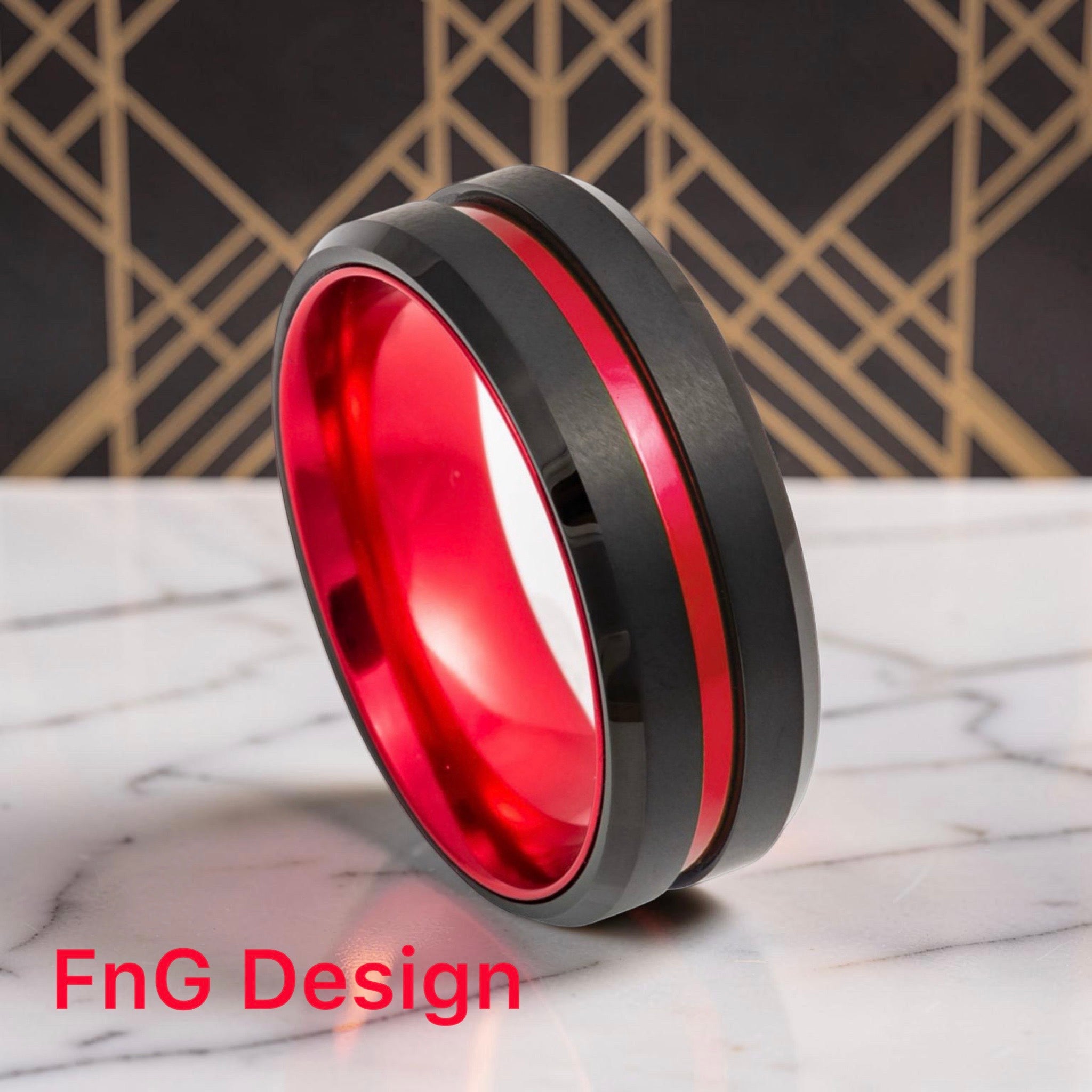Tungsten Ring Black IP Plated, Grooved Center with Red Anodized Aluminum Sleeve - 8mm