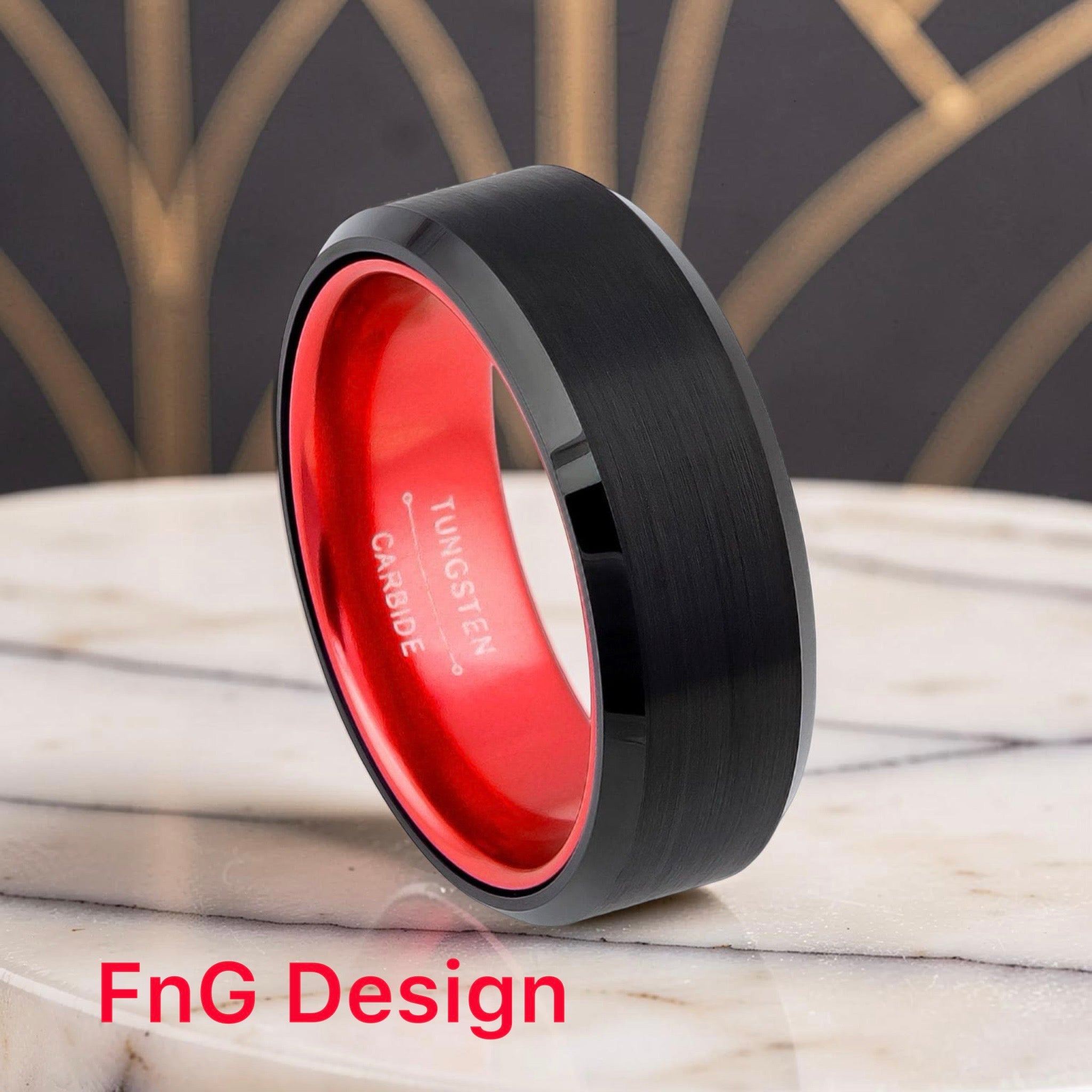 Tungsten Ring Black IP Brushed Center, Shiny Beveled Edge with Red Anodized Aluminum Sleeve/Insert - 8mm