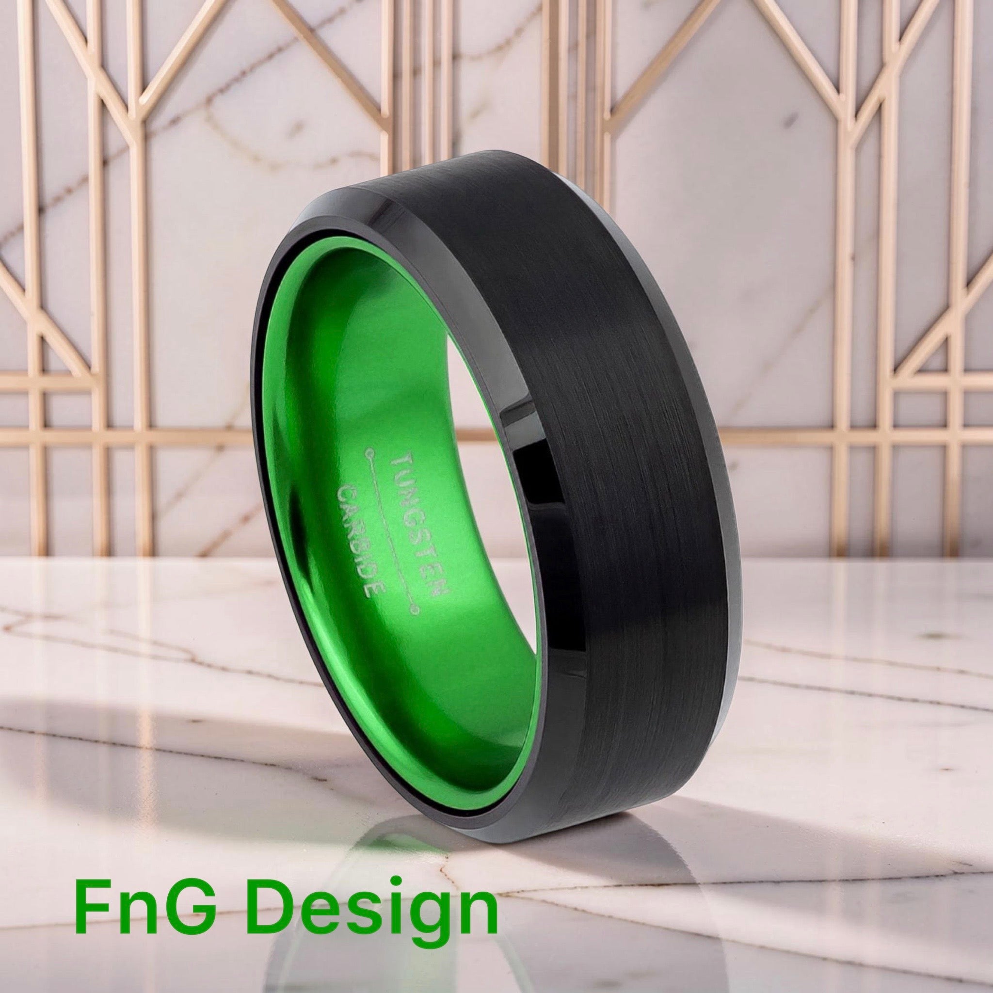 Tungsten Ring Black IP Brushed Center, Shiny Beveled Edge with Green Anodized Aluminum Sleeve/Insert - 8mm