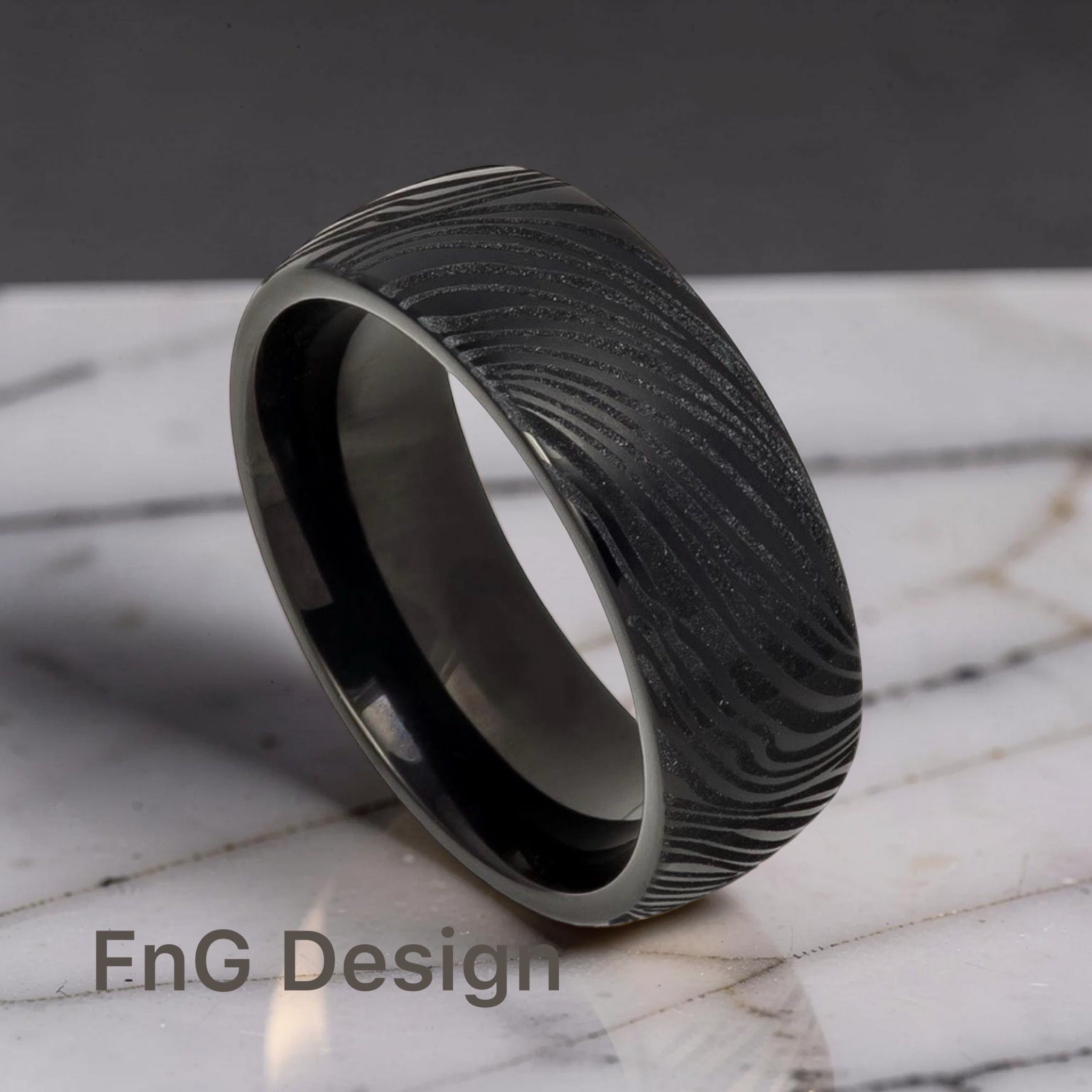 Tungsten Ring Black IP Plated Semi-Dome Laser Carved Mokume Gane Effect(Wood Grain On Metal)– 8mm