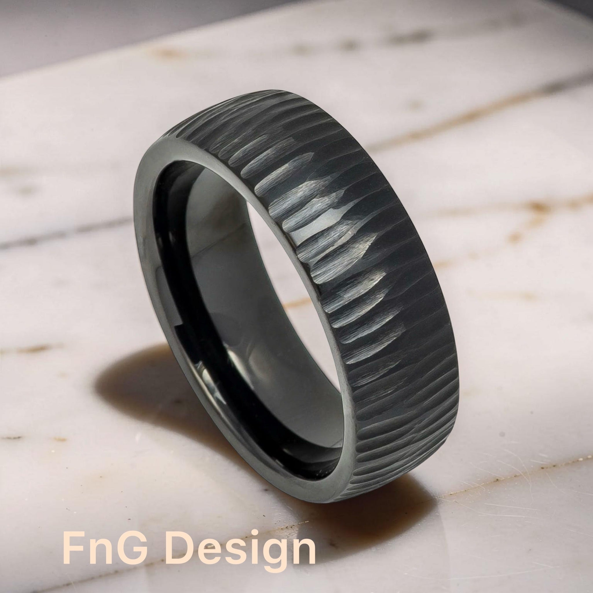 Tungsten Ring Black IP Plated Semi Domed Ring with Tree Bark Carved Textured Finish – 8mm