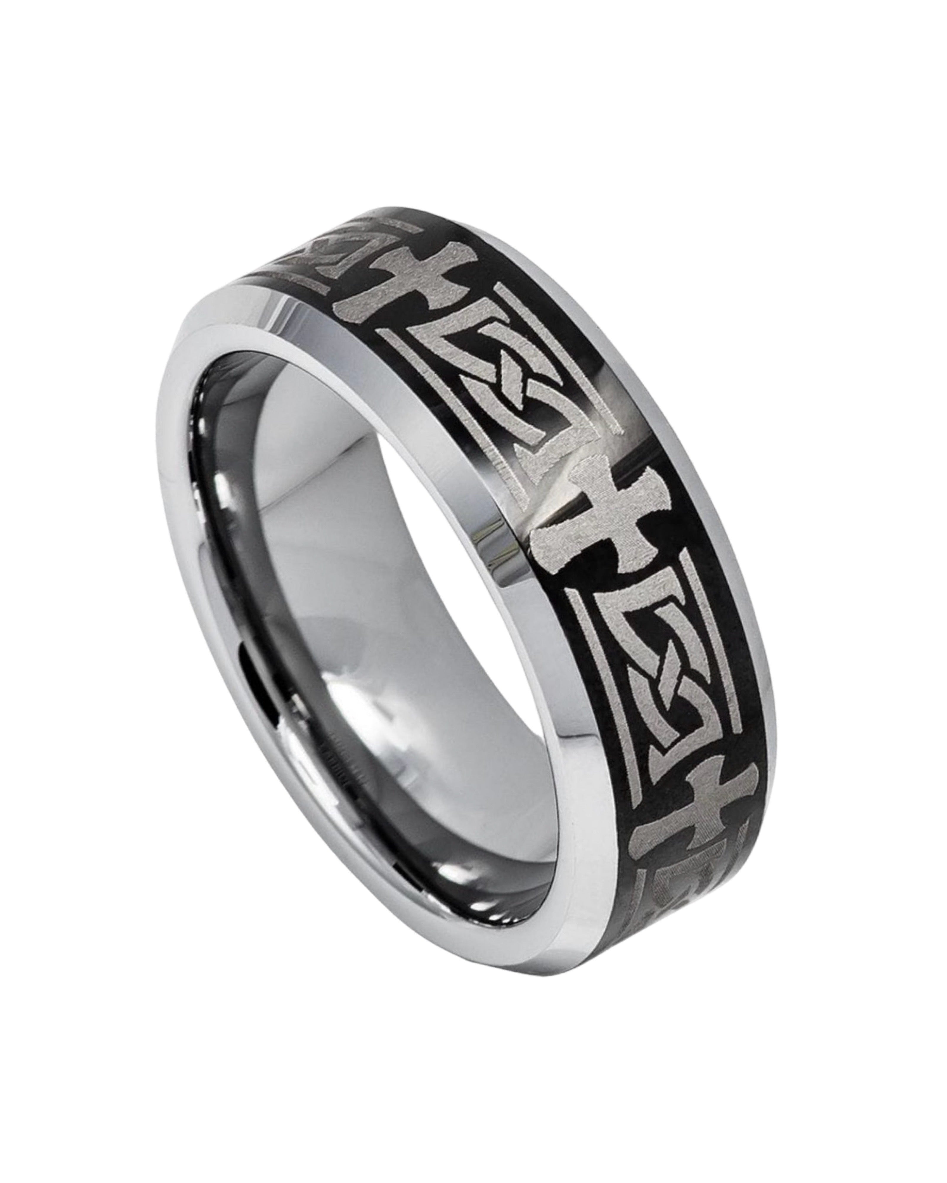 Tungsten Ring Beveled Edge Ring with Celtic Cross Engraved on High Polished/Shiny Black IP Plated Center – 8mm