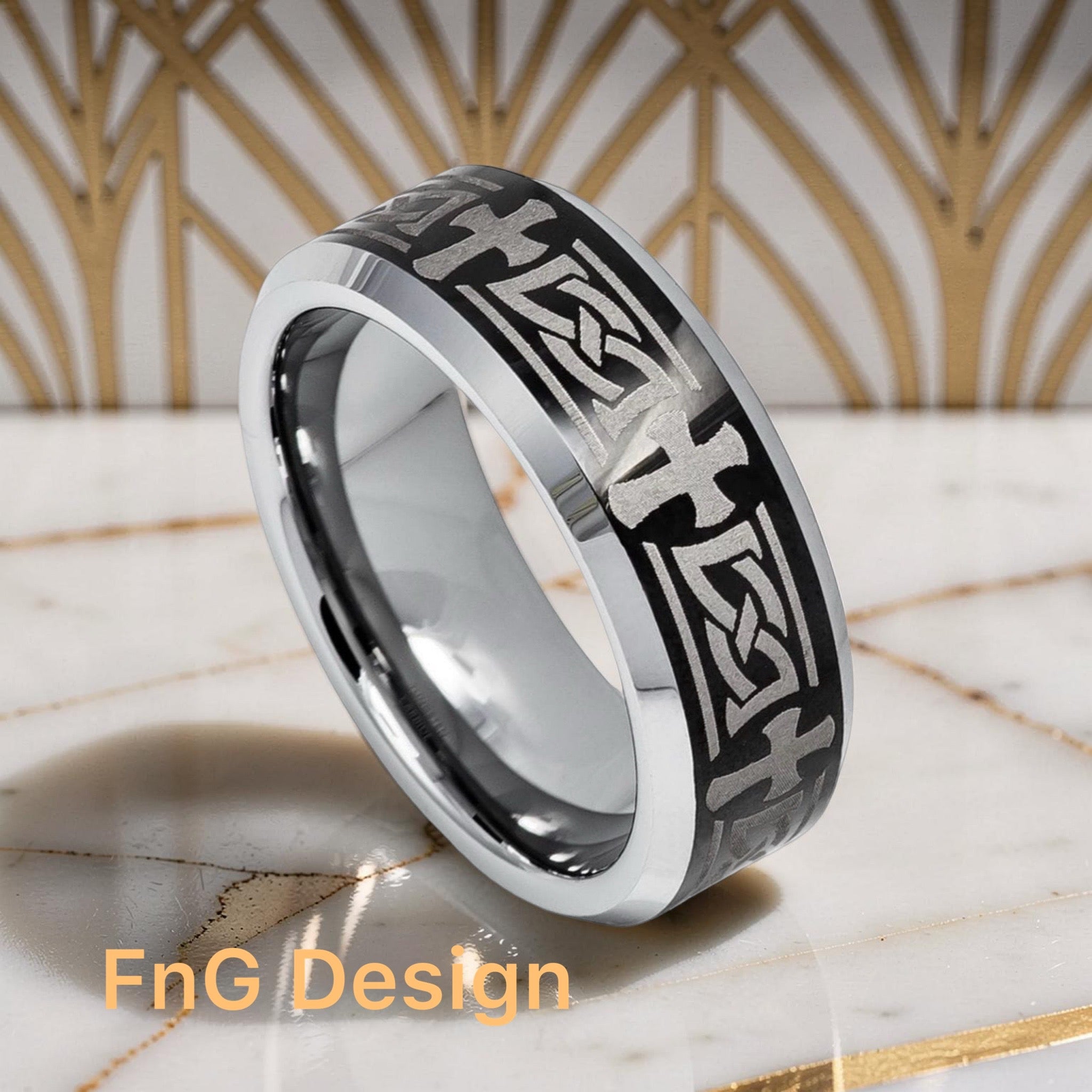 Tungsten Ring Beveled Edge Ring with Celtic Cross Engraved on High Polished/Shiny Black IP Plated Center – 8mm