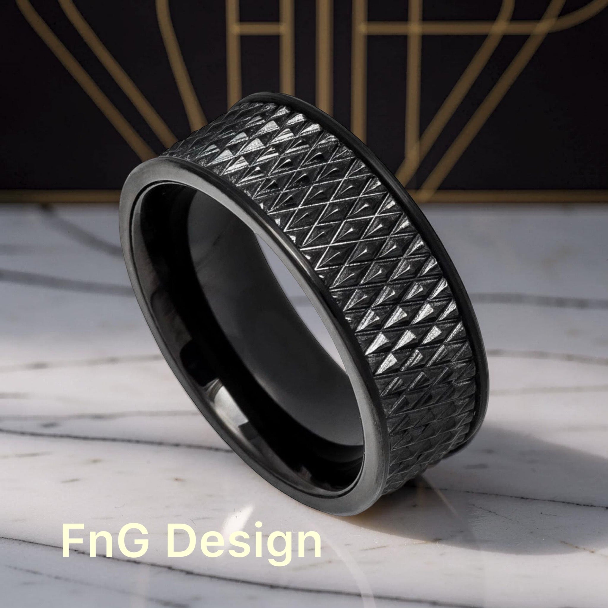 Tungsten Ring Black IP Plated Parallelogram Design Center with Straight Edges – 9mm