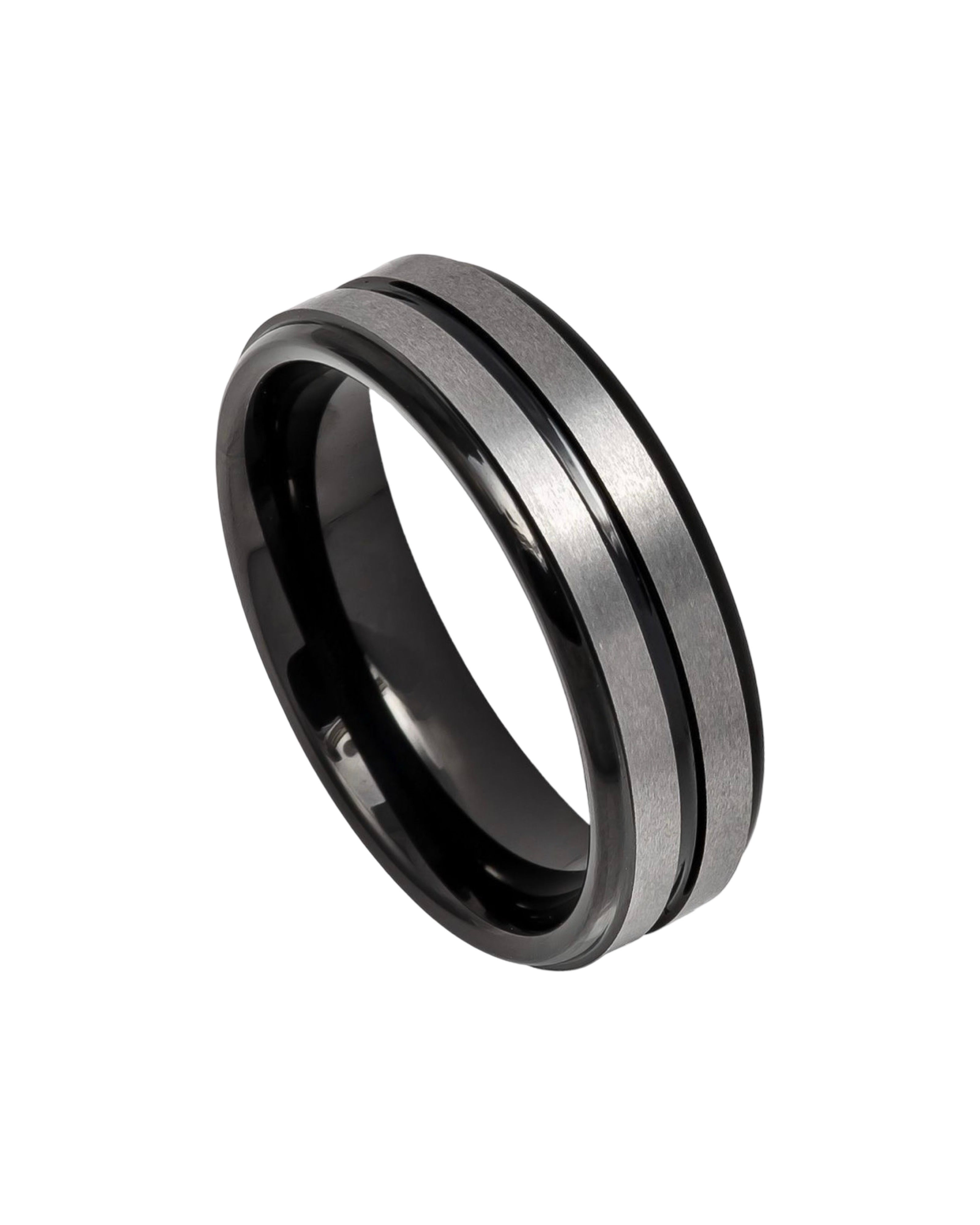Tungsten Ring Two-tone Black IP Plated Center Grooved Brushed Finish Stepped Edge – 6mm