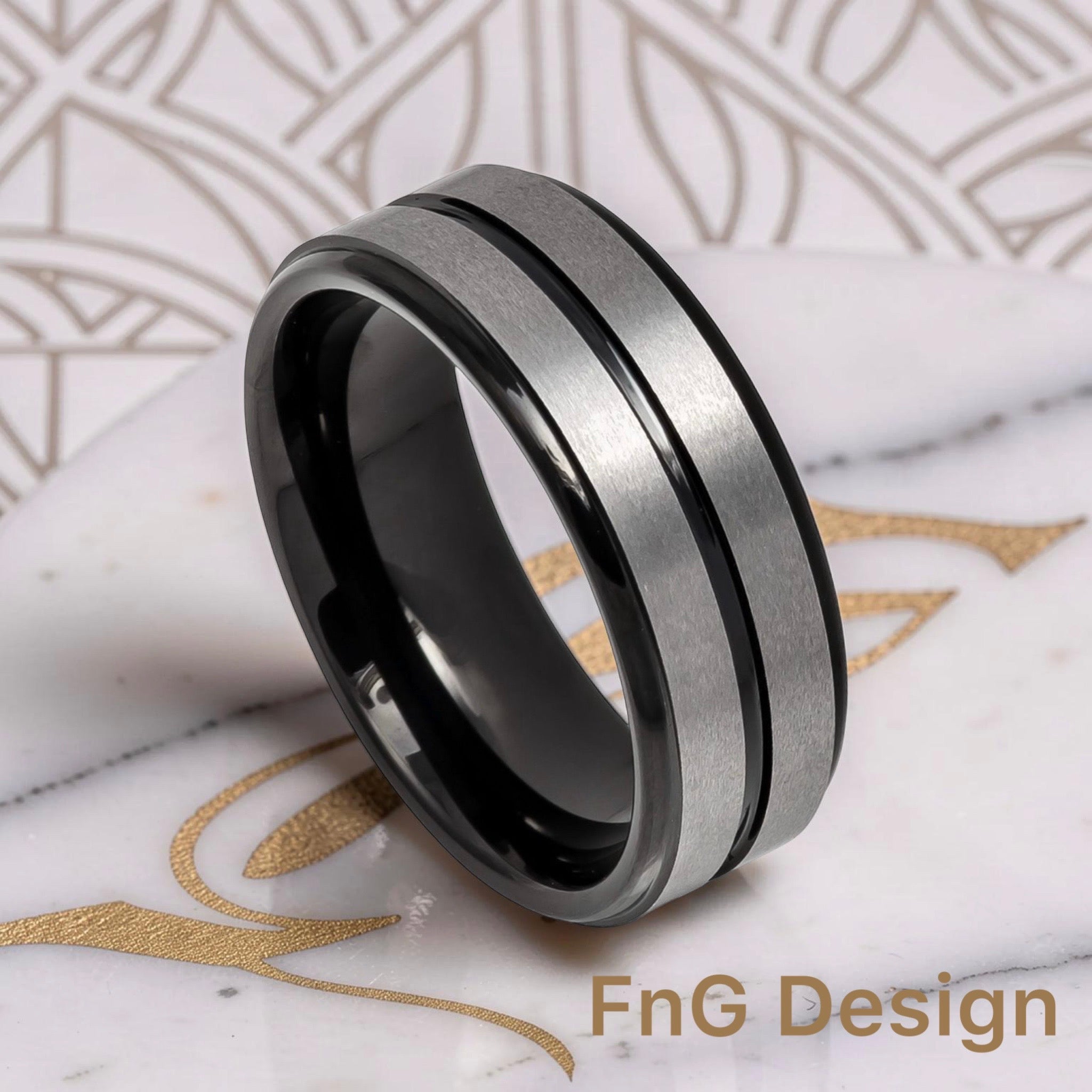 Tungsten Ring Two-tone Black IP Plated Center Grooved Brushed Finish Stepped Edge – 8mm