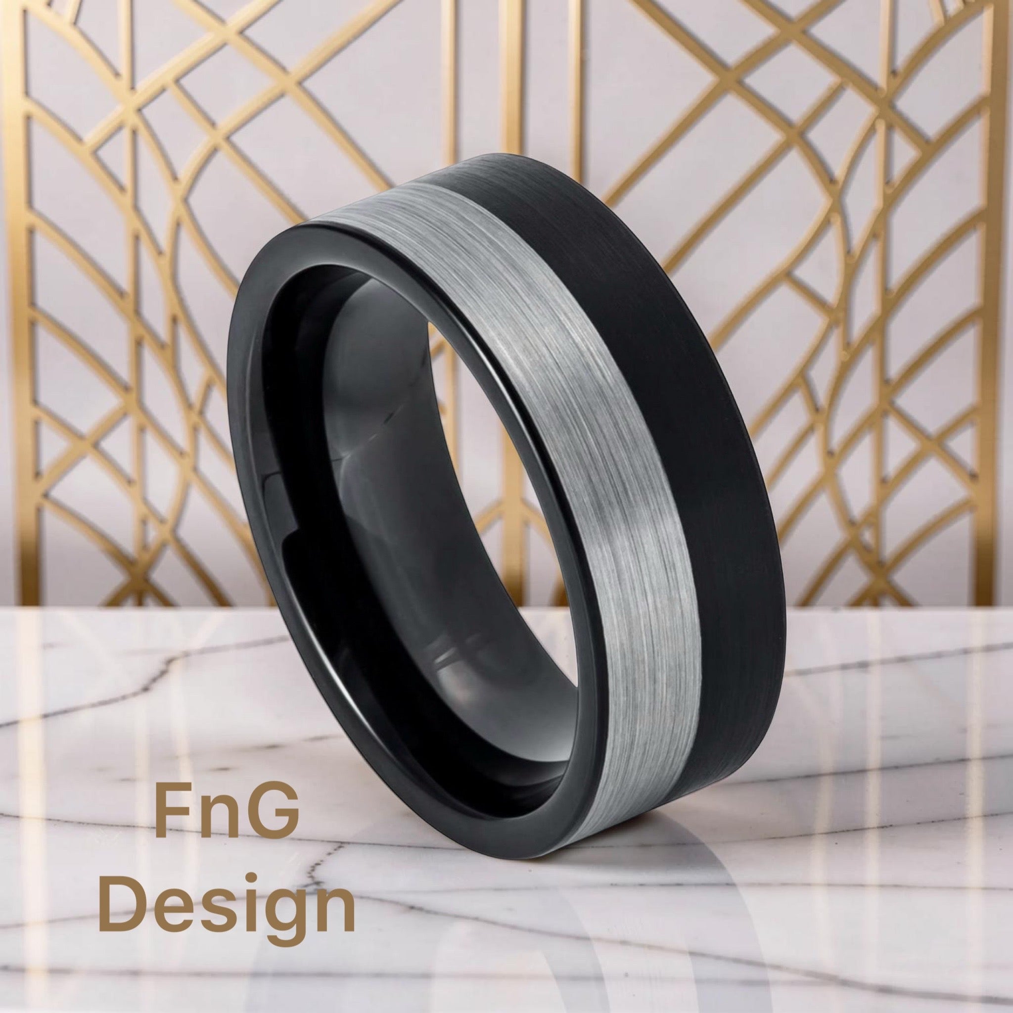 Tungsten Ring Pipe Cut Two tone Black IP Plated Brushed Night & Day Ring 8mm