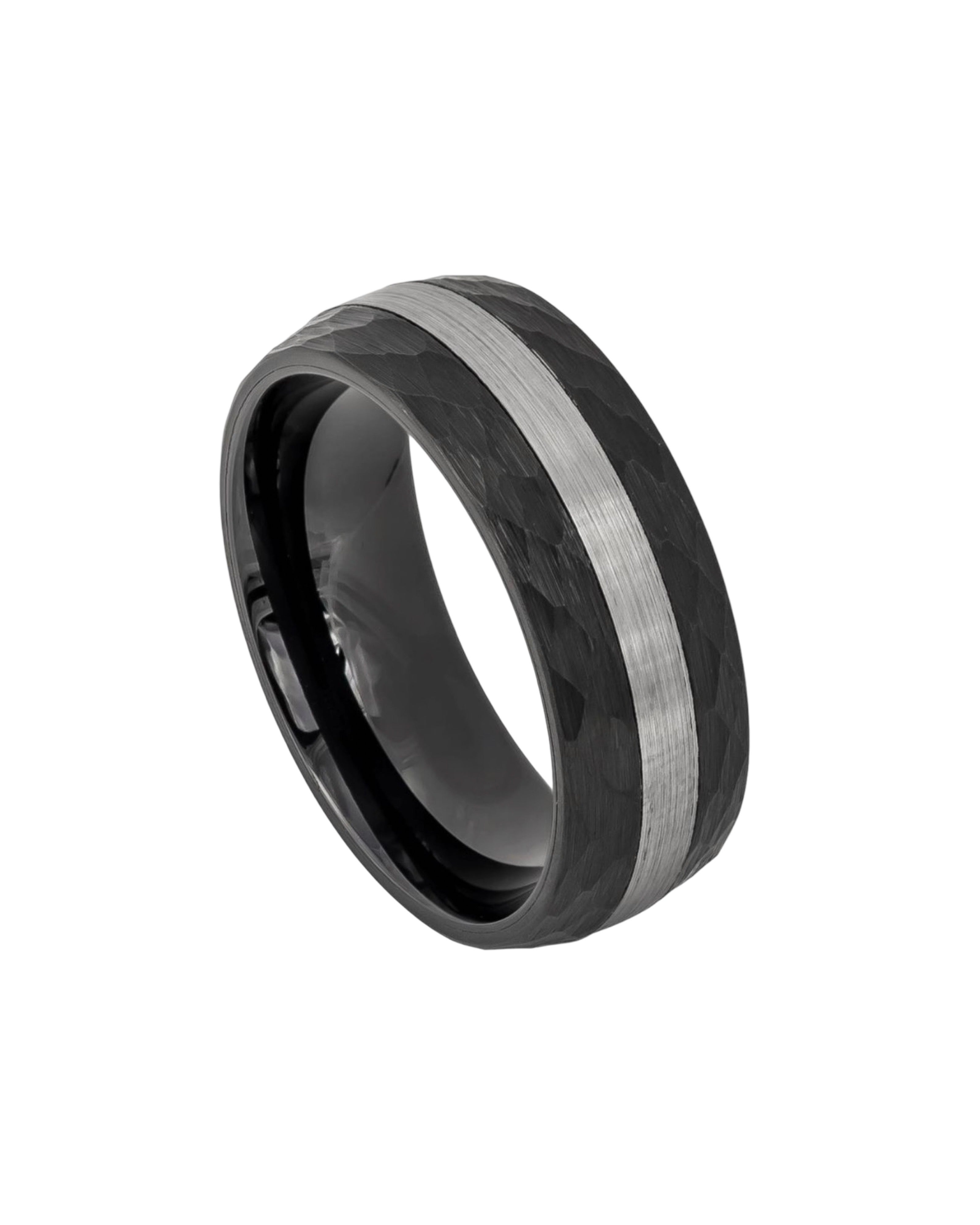 Tungsten Ring Black IP Plated Chiseled Sides & Brushed Stripe Center 8mm