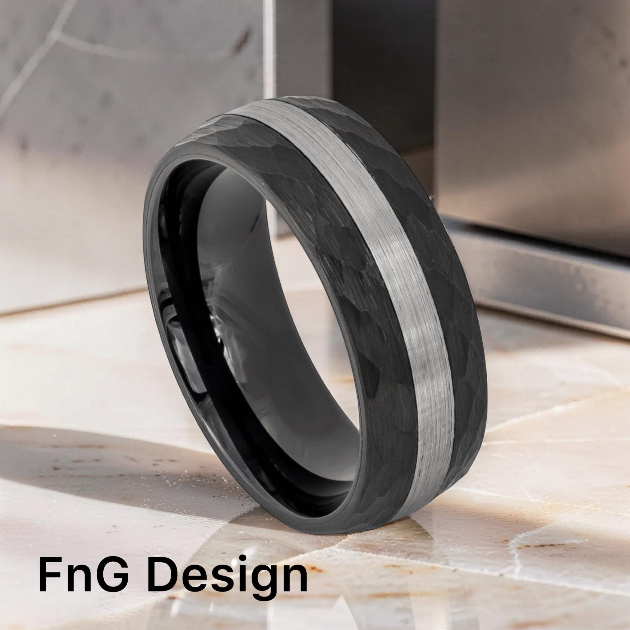 Tungsten Ring Black IP Plated Chiseled Sides & Brushed Stripe Center 8mm
