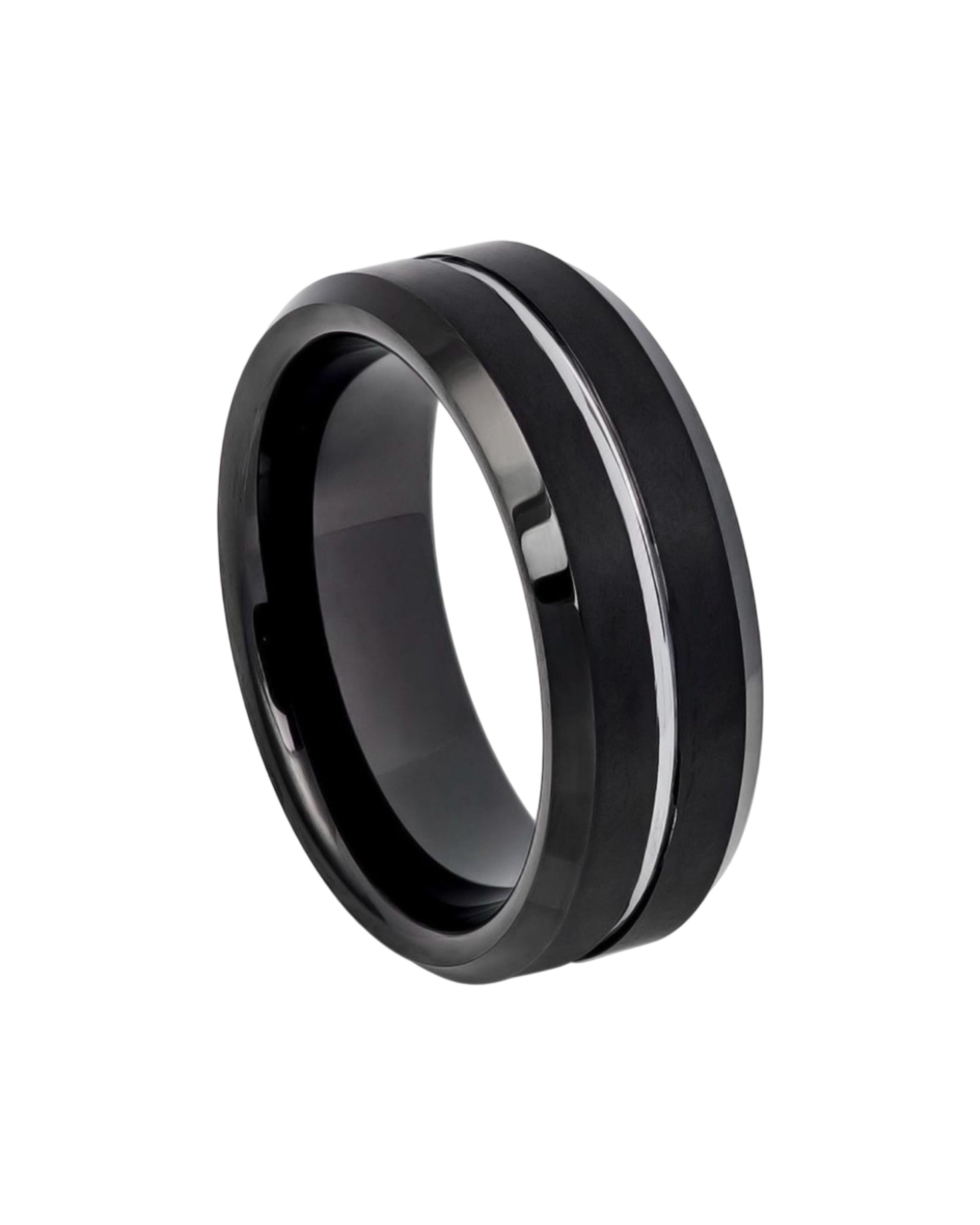 Tungsten Ring Two-tone Black IP Brushed with Steel Color Grooved Center Beveled Edge – 8mm