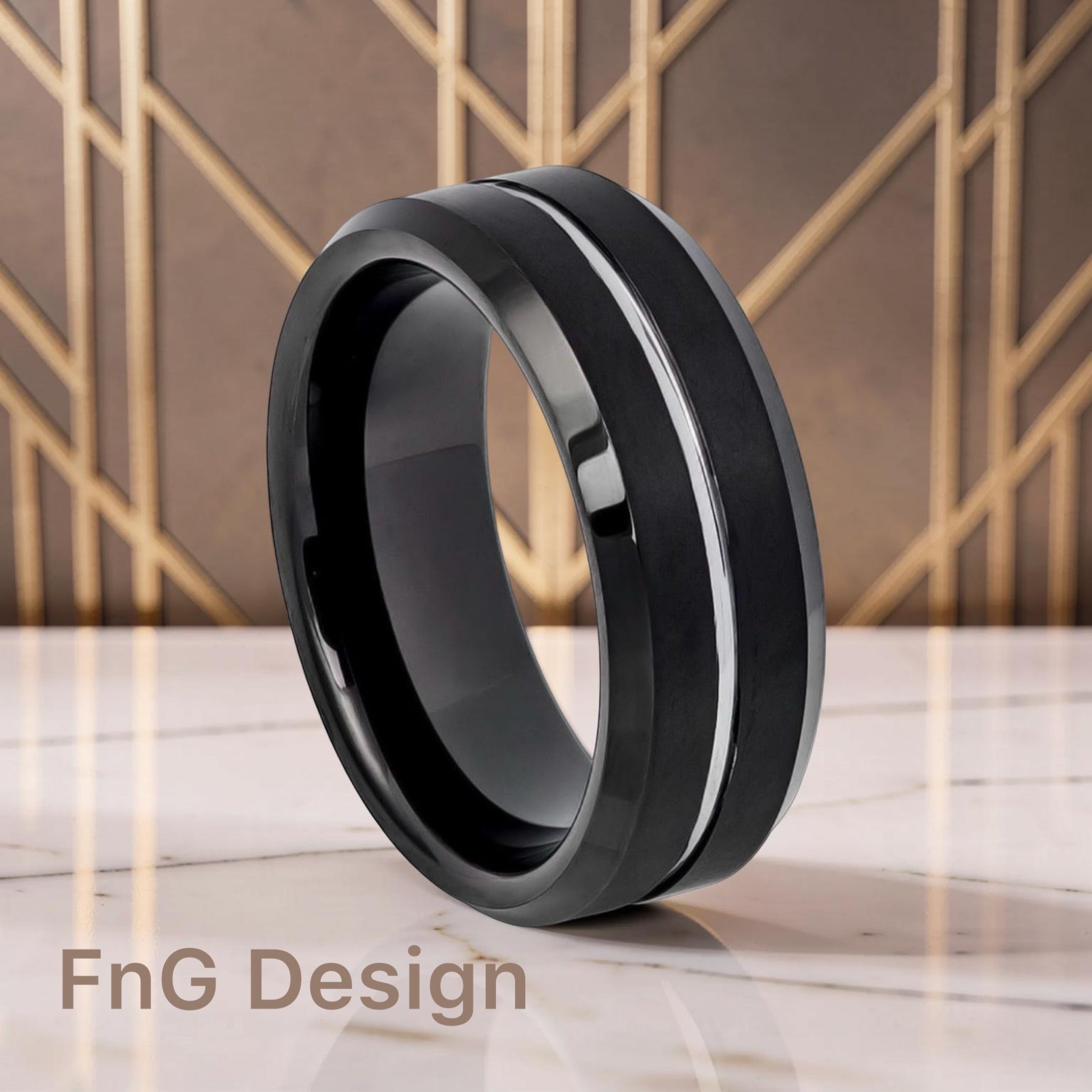 Tungsten Ring Two-tone Black IP Brushed with Steel Color Grooved Center Beveled Edge – 8mm